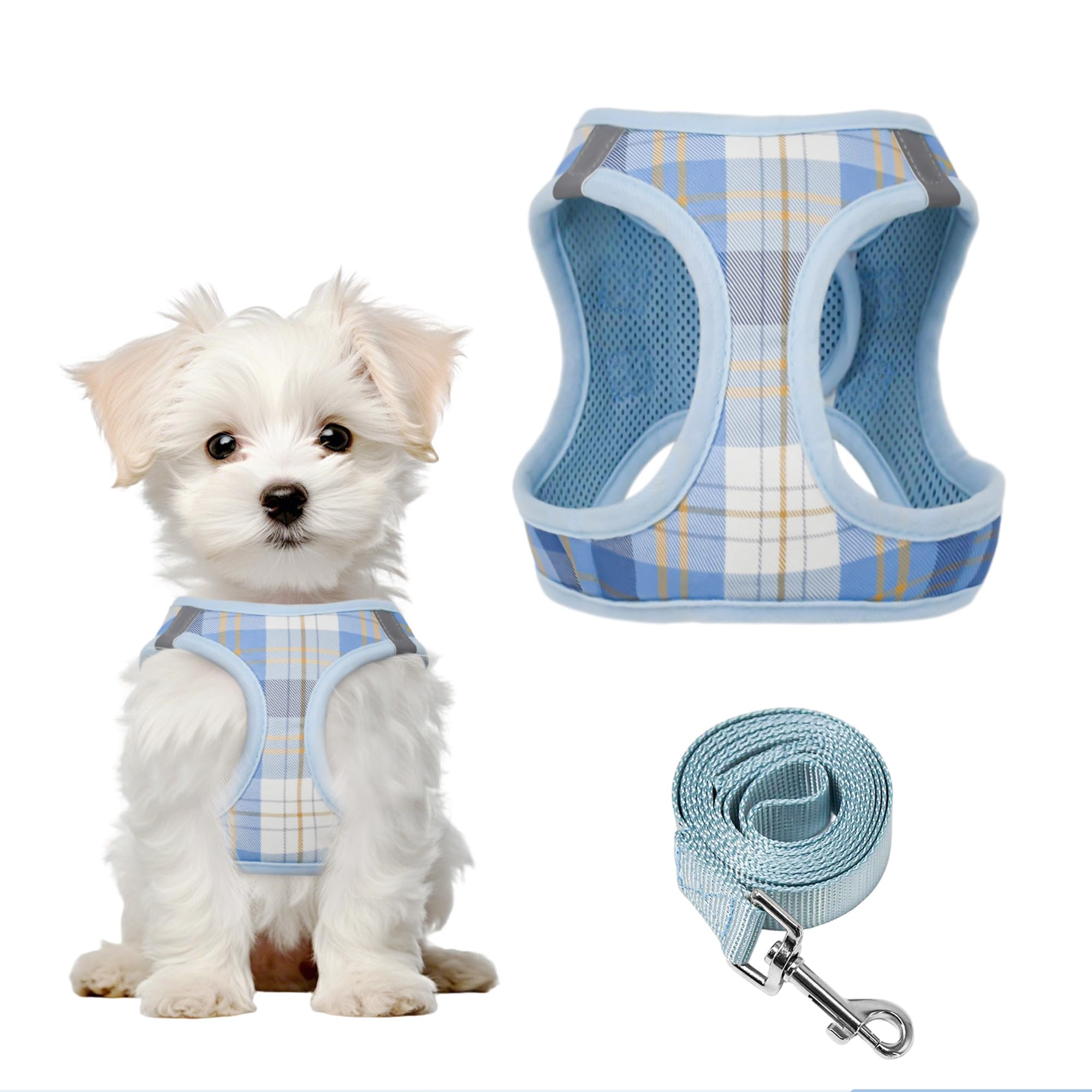 PawSailor No Pull Dog Harness Small Dog Lead Set Adjustable Step in Soft Mesh Padded Puppy Harness Reflective Plaid Pattern with Safety Buckle, Easy Walk for Puppies and Small Breeds, Blue S