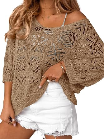 Saodimallsu Womens Crochet Cover Up Top Summer 3/4 Sleeve Off Shoulder Sweater Shirts Mesh Boho Beach Swimsuit Coverup