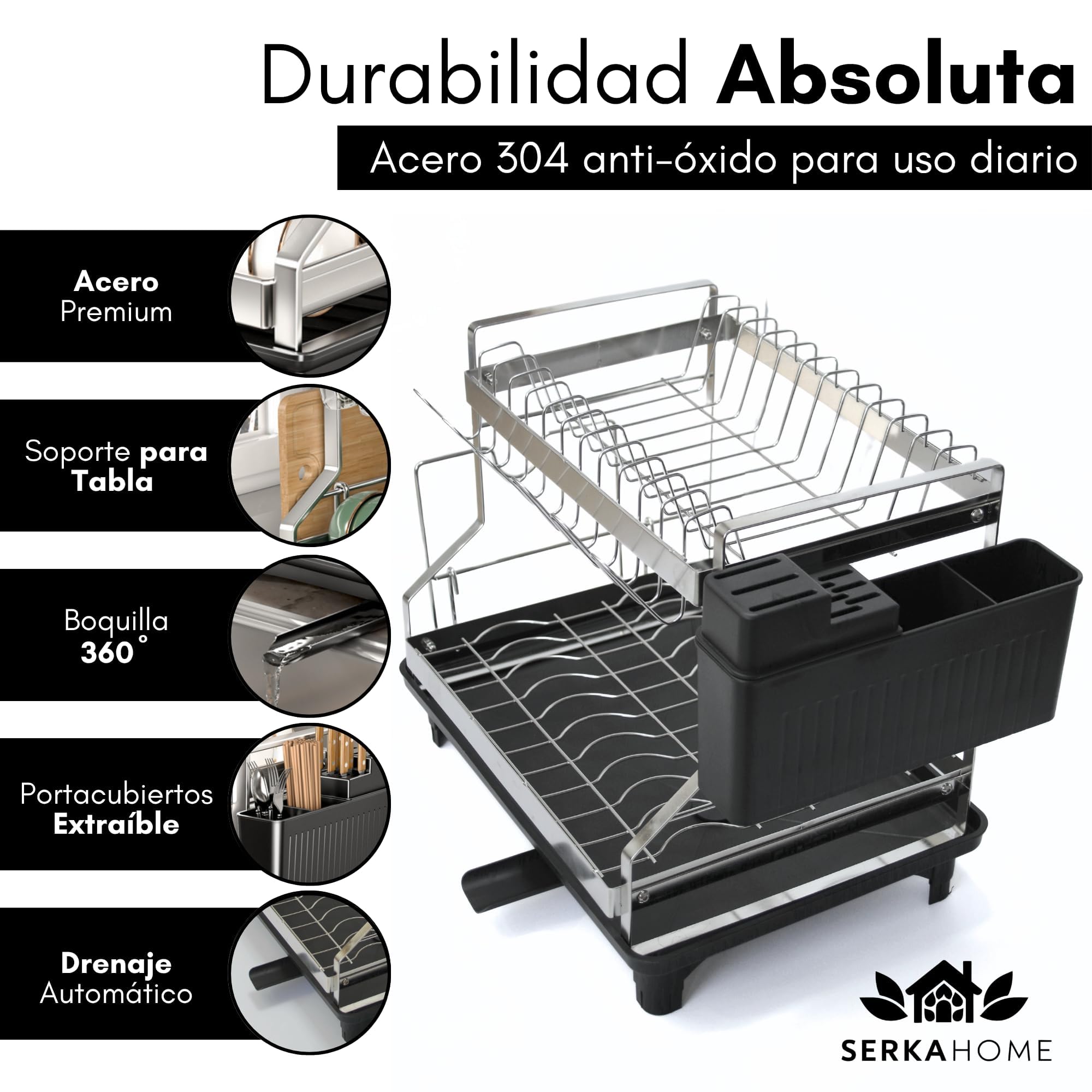 SerkaHome Estante Escurridor de Platos 2 Niveles Acero Inoxidable 304, Escurreplatos Cocina para Fregadero (42 x 29 x 35cm), Organizador de Cocina, Gran Capacidad, Resistente a la Corrosión y al Óxido
