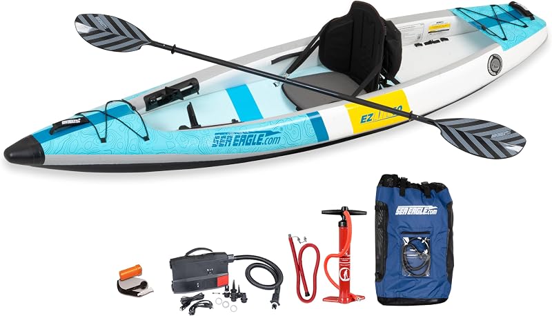 Sea Eagle EZLITE 10 ultraligero, totalmente tejido, punto caído, rígido, alto rendimiento, fácil configuración, kayak inflable individual de 10 pies con mochila, remo de asiento y reposapiés ajustables