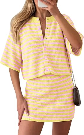 Saodimallsu Womens Two Piece Skirt Set Summer Striped Knit Short Sleeve Button Cardigans And Mini Skirt Lounge Set
