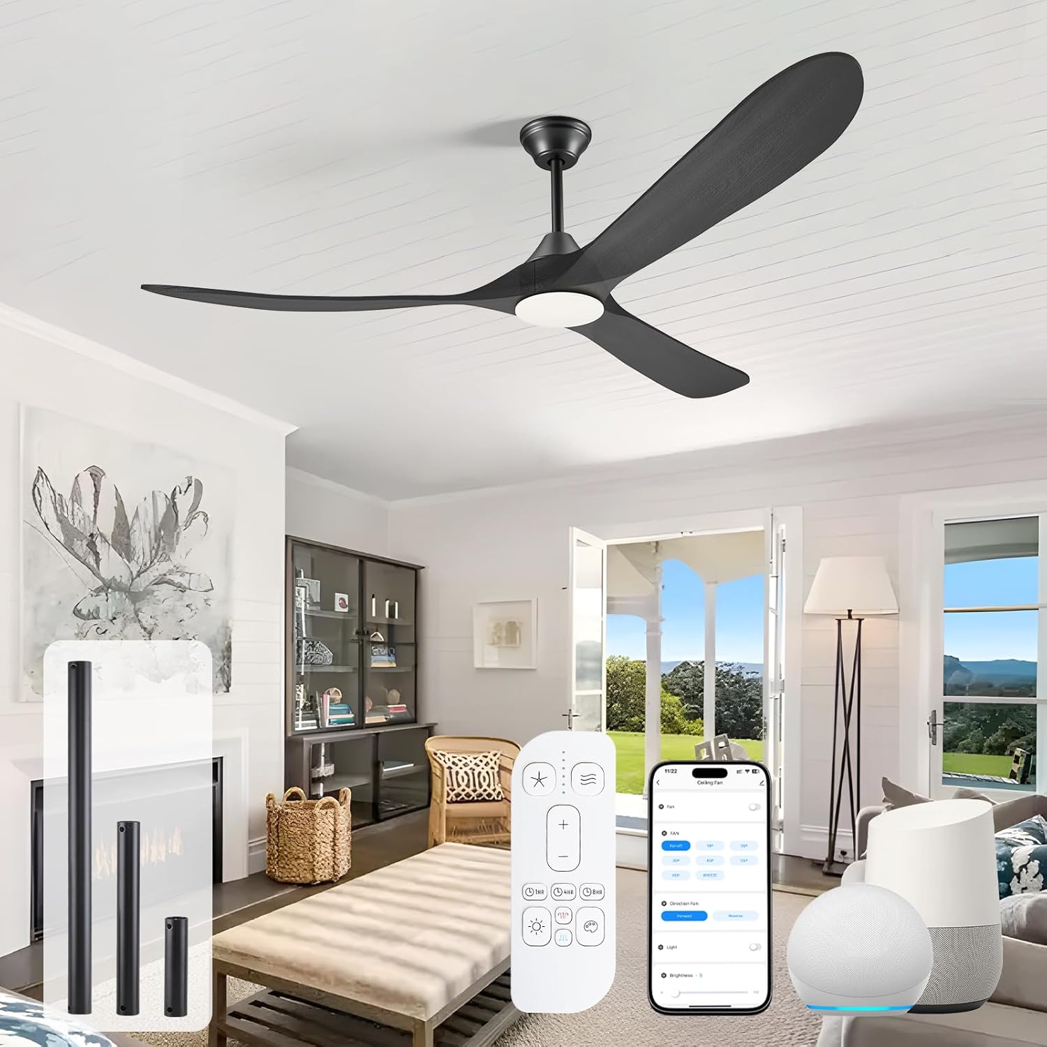 60 Inch Black Outdoor Ceiling Fans for Patios with Lights, Large Smart Ceiling Fan with Remote/APP, Wood Ceiling Fan Propeller with Quiet High CFM DC Motor, Damp Rated for Porch Pavilion Gazebo