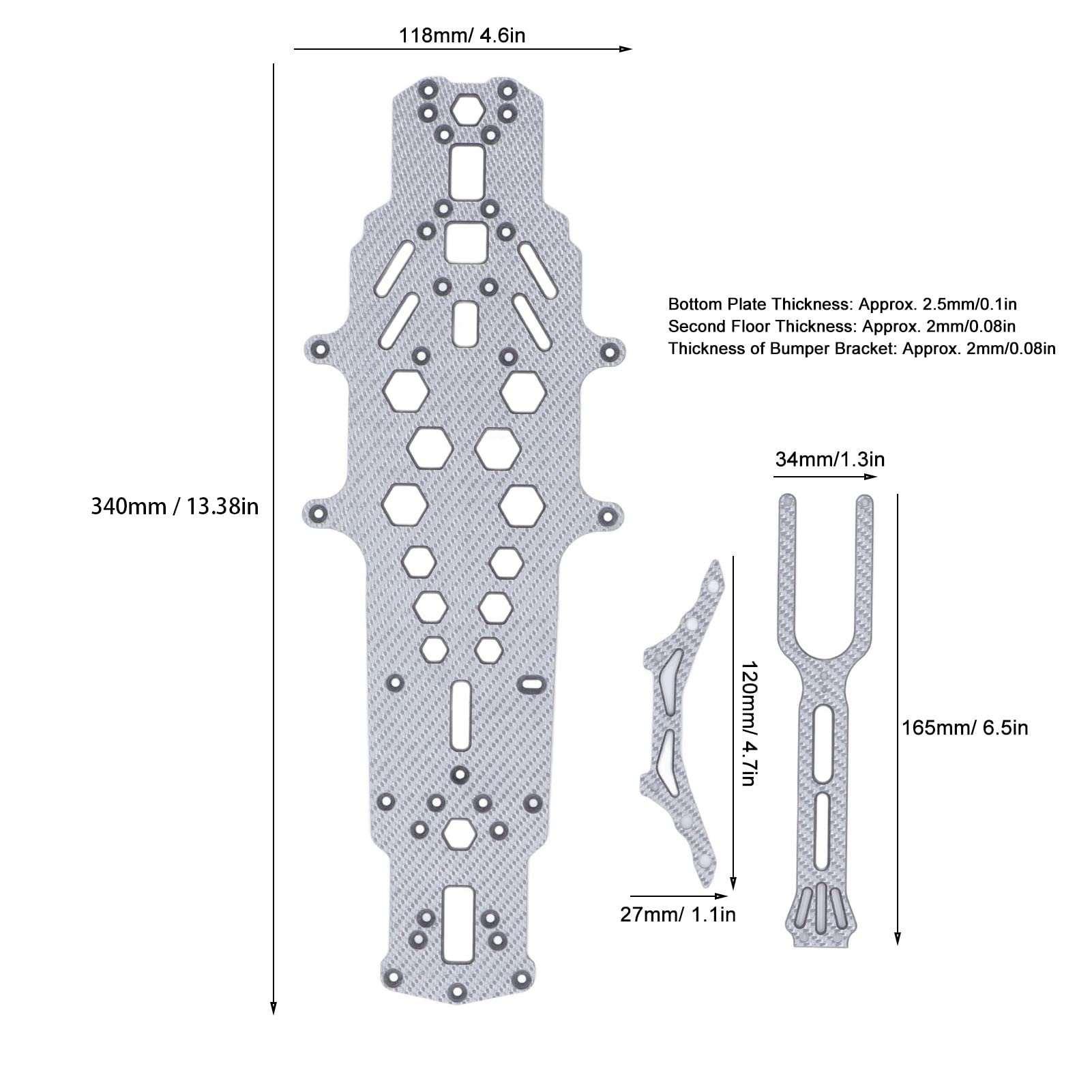 Chasis de Fibra de Carbono RC, Alta flexibilidad, para mecanizado CNC, Reemplazo de hundimiento Hueco de 2 Capas, para Placa de Chasis Inferior RC (Plata)
