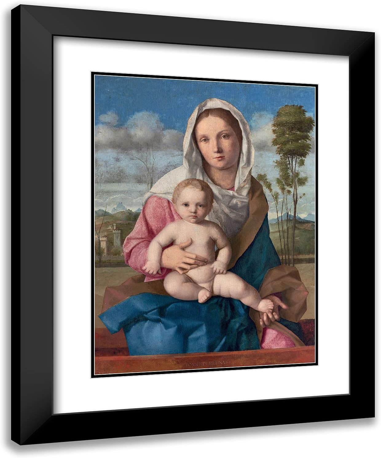 ArtDirect Bellini, Giovanni 20x24 Black Ornate Framed Art Print with Double Matting Titled: Madonna and Child in a Landscape