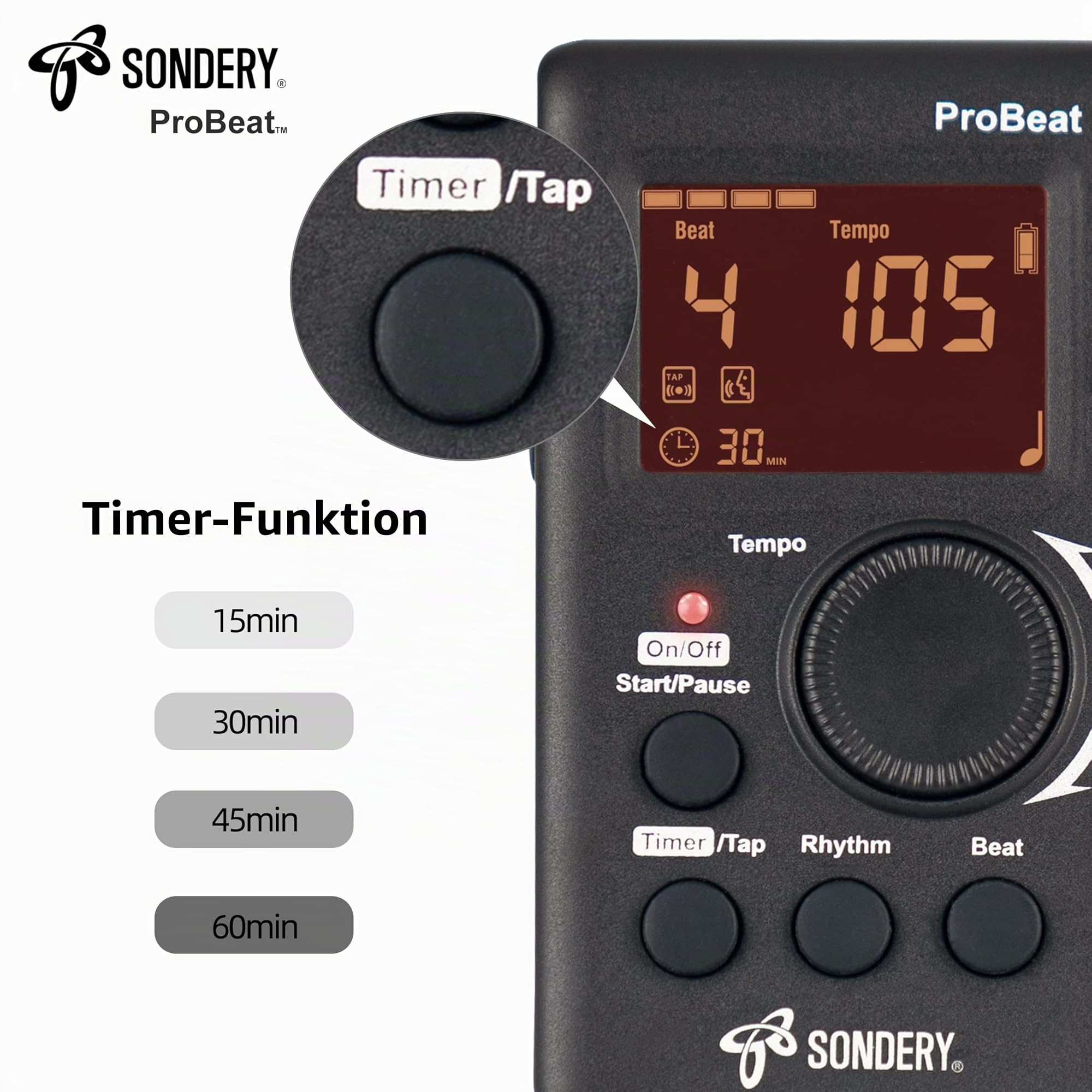 Sondery Digitales Metronom für Gitarre Piano Drum und alle Instrumente, Vocal Count Option und 3 Arten von digitalen Sounds, wird mit einem wiederaufladbaren Li-Akku im Inneren betrieben