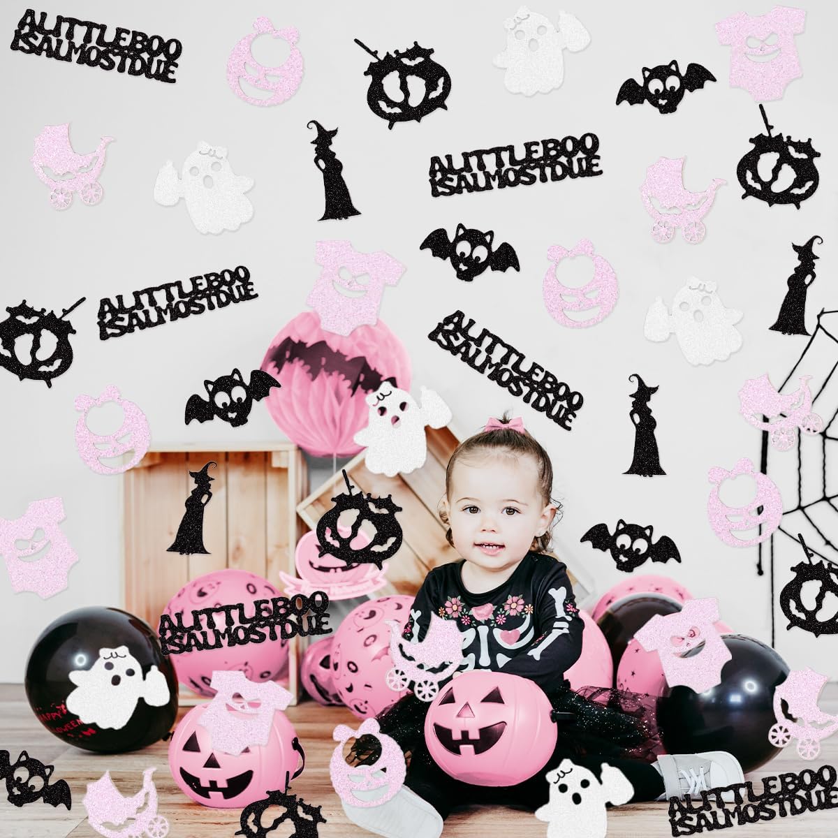 Halloween Baby Shower Table Decor, A Little Boo is Almost Due Party Confetti Glitter Witch Table Scatters Confetti for Girls's Black Pink Party Spooky One Birthday Decorations Halloween Gender Reveal