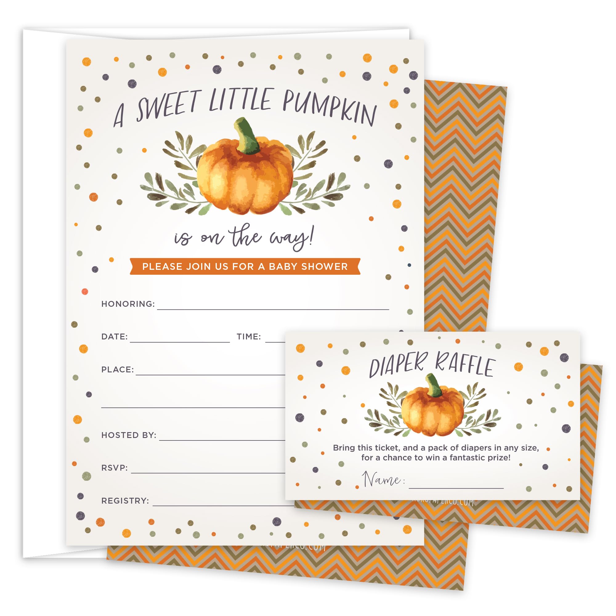 Koko Paper Co Sweet Little Pumpkin Baby Shower Invitations & Diaper Raffle Tickets – Fall Baby Shower Set – 25 Invites, Envelopes & Raffle Cards –