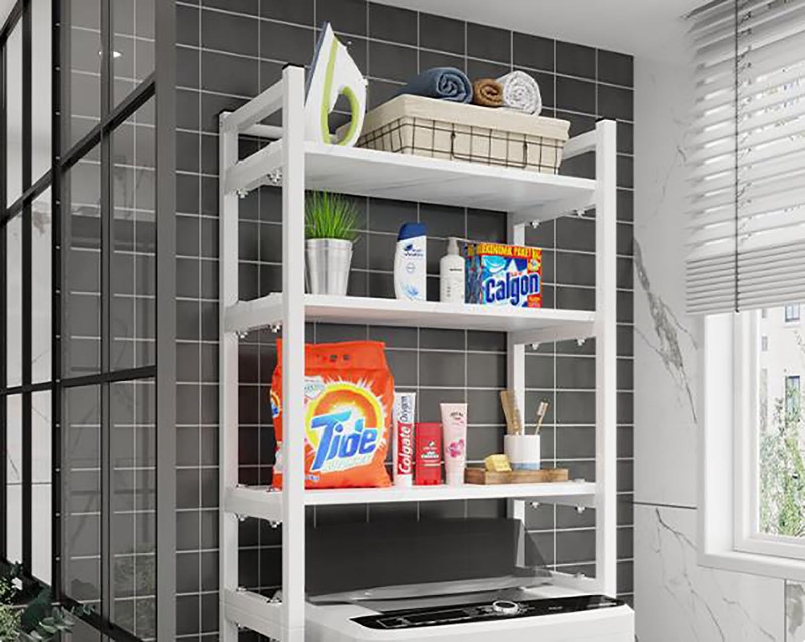Waschmaschine überbau Regal 3-lagiges Waschmaschinen-Aufbewahrungsregal Platzsparer Badregal Ausgestattet mit Kleiderstange Verbesserte Materialien, starke Tragfähigkeit Einfache Montage B