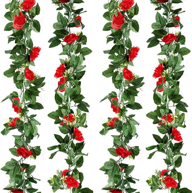 Kalolary 2 Pack Artificial Rose Flower Garland Fake Ivy Vine Plants, 15 FT Red Artificial Silk Rose Hanging Garlands, for Home Hotel Office Wedding Party Garden Craft Art Decor