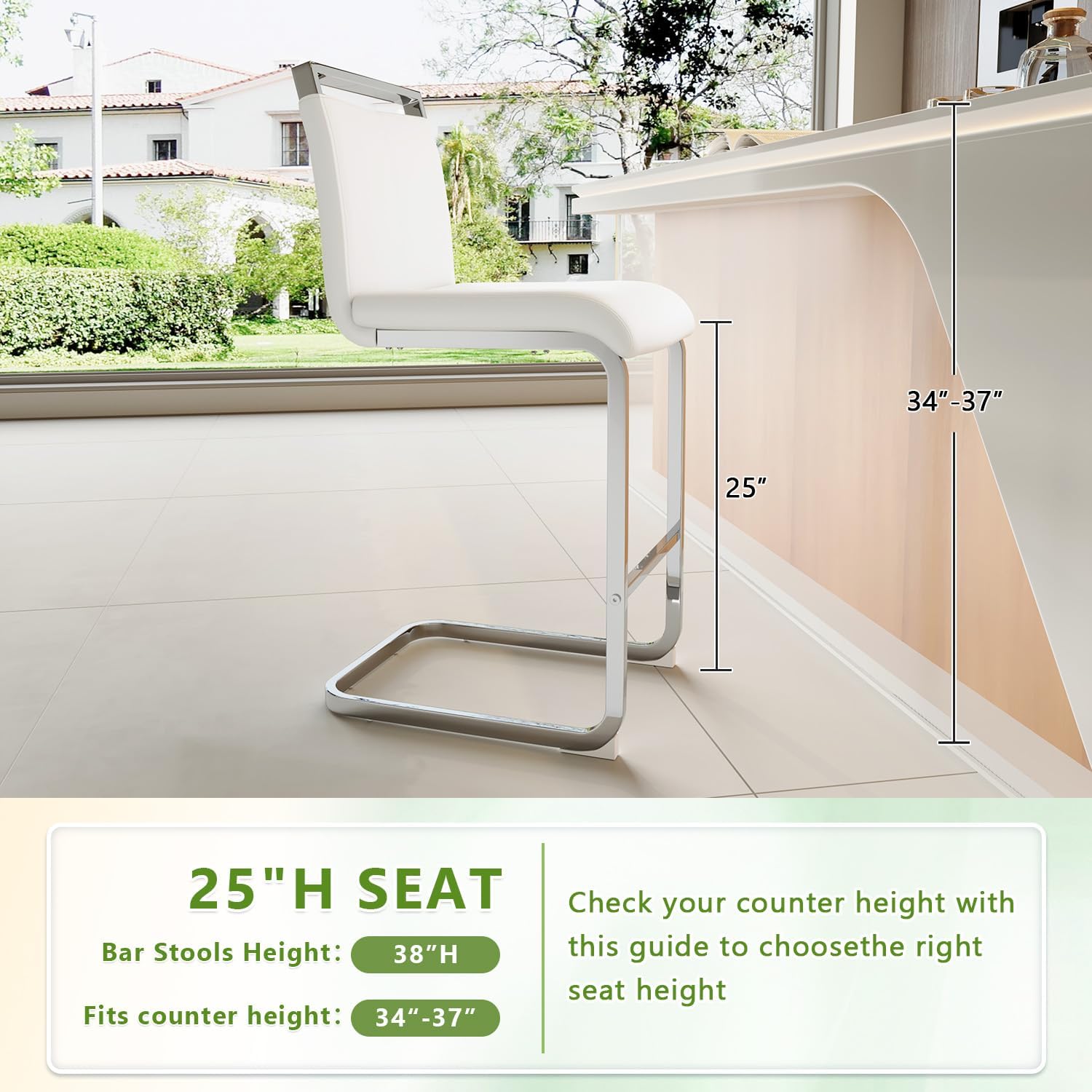 Counter Height Bar Stools Set of 4 - White Bar Stools for Kitchen Island,25'' Counter Stool with Leather Upholstered Seat,Metal Kitchen Island Chairs Ideal for Bar,Pub,Coffee Shop