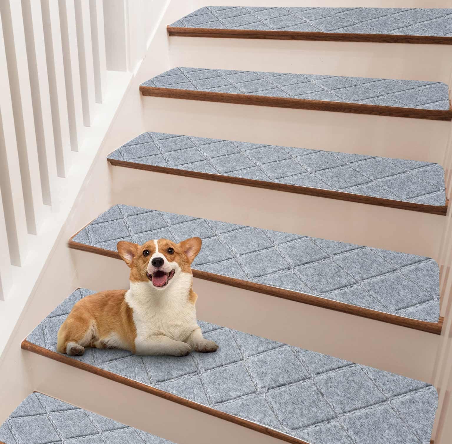 Photo 1 of Stair Treads for Wooden Steps, 8" x 30" Non Slip Stair Runner, Peel and Stick Carpet Stair Treads with Reusable Adhesive, Indoor Stair Rugs Covers Mats Pads for Kids Elders Dogs, Light Grey 15Pcs