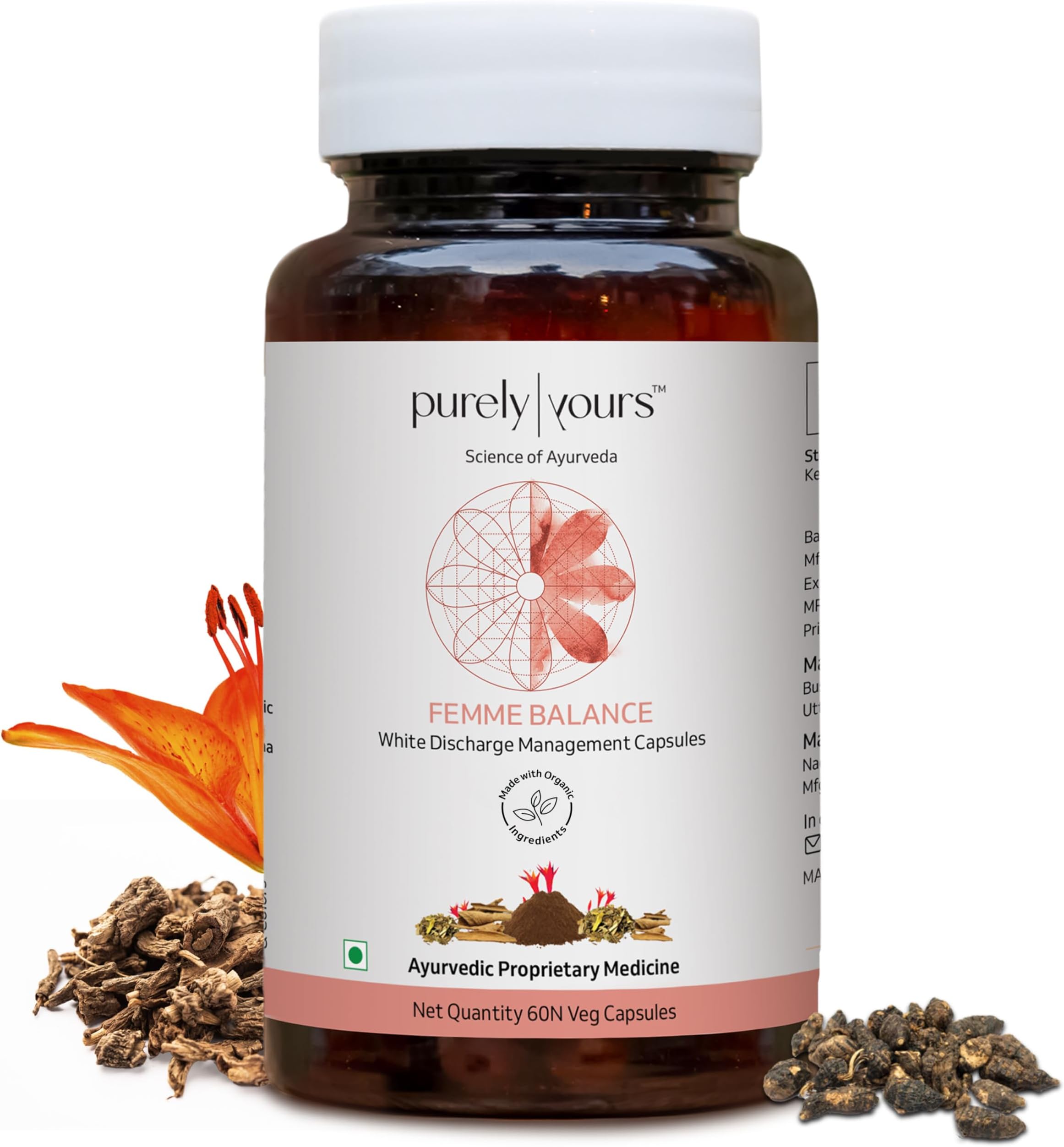 Purely Yours Women's White Discharge Relief Capsules for Females, Balances Vaginal pH & Hormones | Reduces Itching, Bad Odor & Irritation| 100% Ayurvedic - 60 Capsules