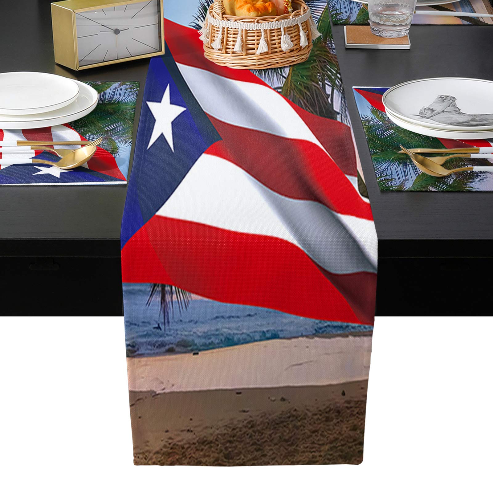Independence Day Table Runner with Placemats Set of 6 Puerto Rico Flag Heat Resistant Placemats Coco Tree Beach Non-Slip Washable Kitchen Table Mats for Family Dining Table Parties， 16 x 72 inches