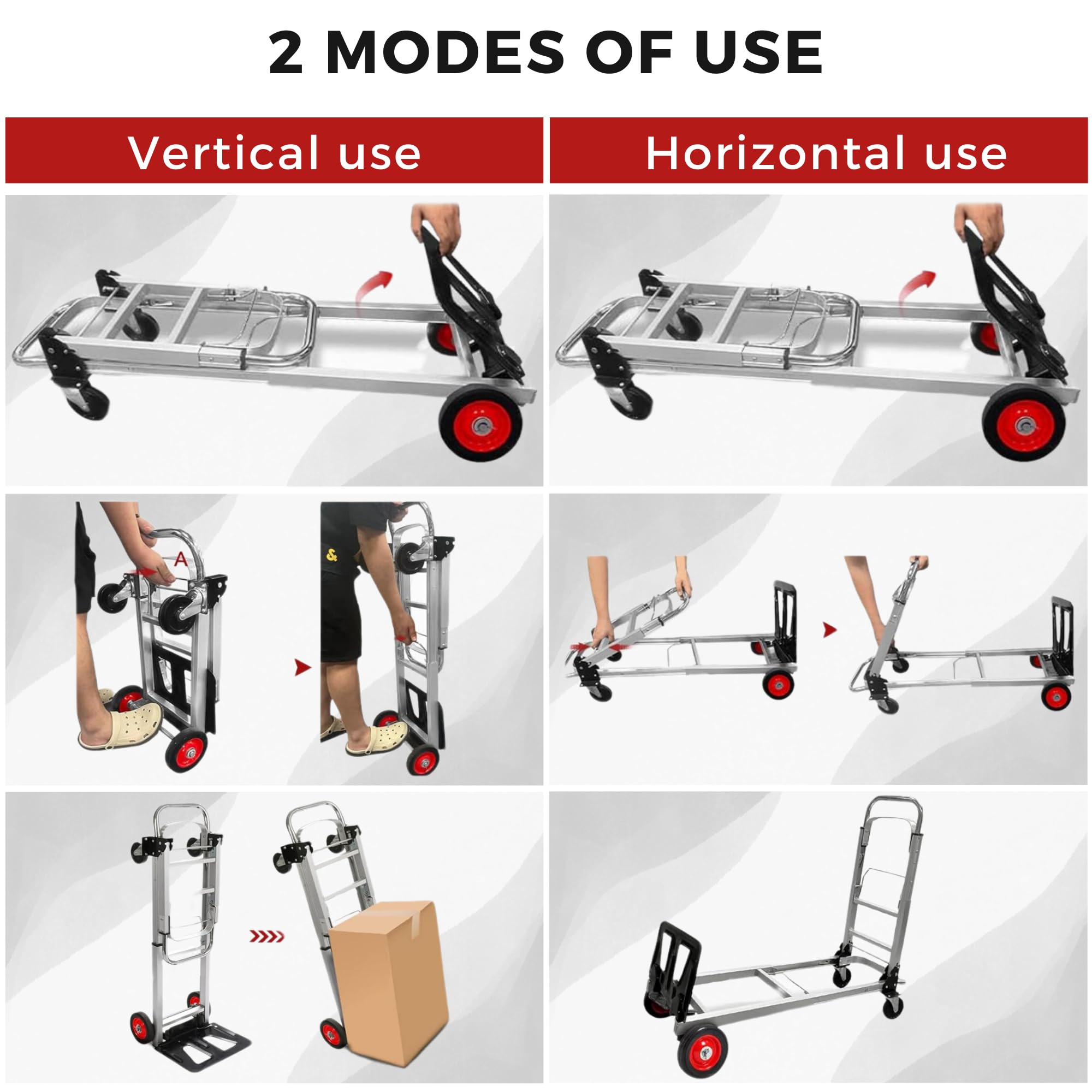 Carretilla de Mano de Aluminio 2 en 1, Carrito Plegable con 4 Ruedas, Convertible en Plataforma o Carro de Mano, Capacidad de 150 kg, Carro para Transporte en Almacen, Jardín, Hogar, Mudanzas