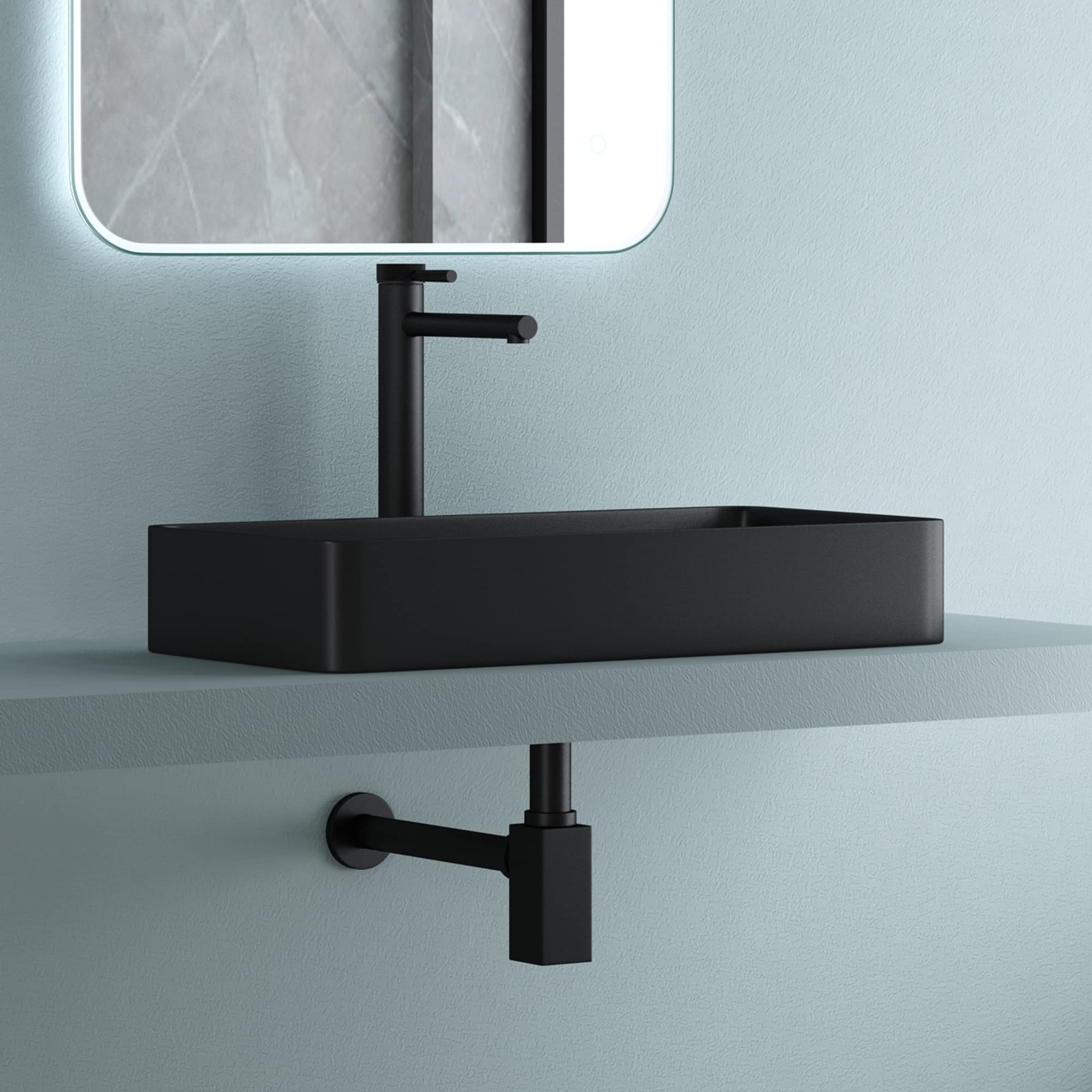 doporro Sifón Universal para Lavabo de Diseño 50x33x24cm Sifón de Tubería Cuadrado Negro Mate para Baño S06