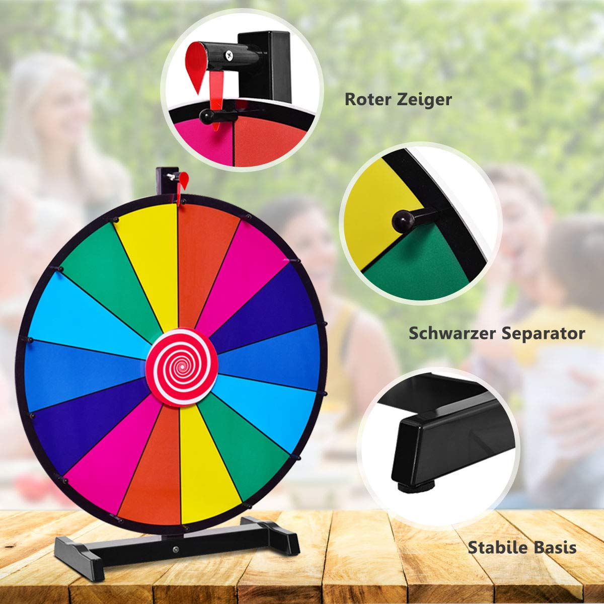 DREAMADE 18 Zoll Glücksrad zum drehen, Tischglücksrad für Lotteriespiele Wheel of Fortune Bunt, Preisrad mit Kompletten Zubehör, für Werbung Wortspiele (φ46cm 14 Farbfächer)