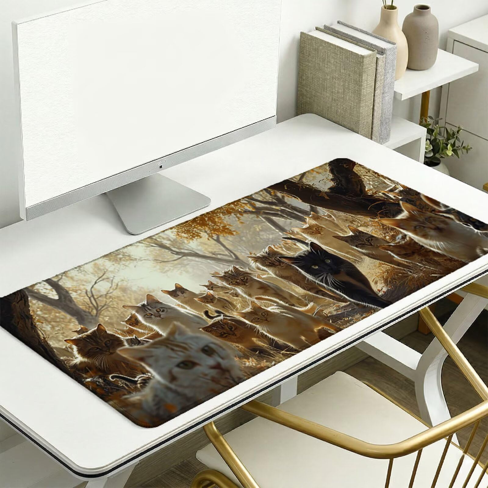 Alfombrilla Ratón XXL 1200 x 600 x 3 mm, Alfombrilla Escritorio, Bosque Grande Protector de Mesa con Base de Goma Antideslizante y Bordes Cosidos, Impermeable, para Oficina, PC, Gaming (Gato) L-x6804