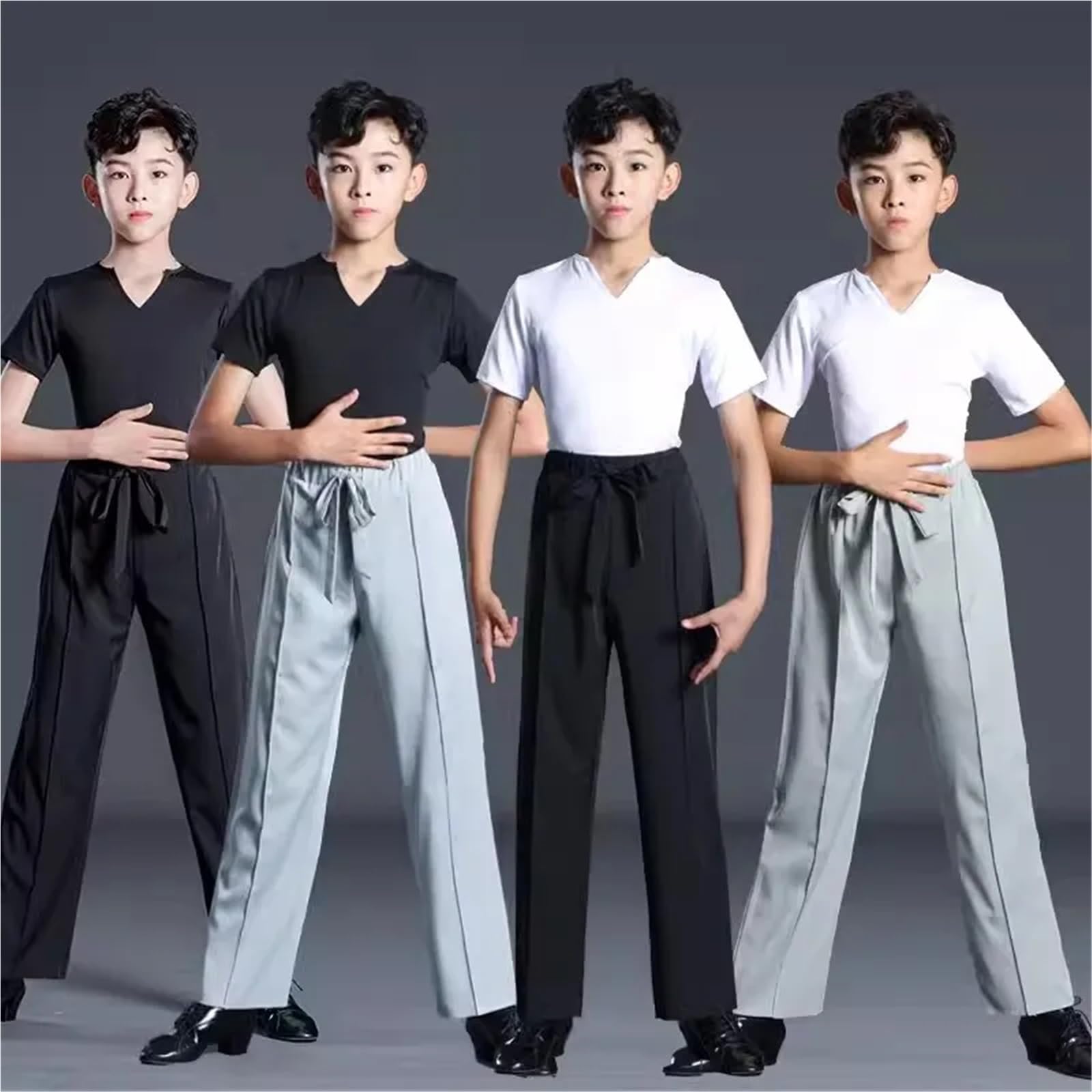 Pantaloni Uomo Eleganti Set Da Ballo Latino For Bambini, Azzurro Chiaro, Abbigliamento For Balli Latino For Bambini, Abbigliamento For Balli Rumba/cha Cha/samba, Pantaloni Neri Con Lacci(160CM,Pant 2)