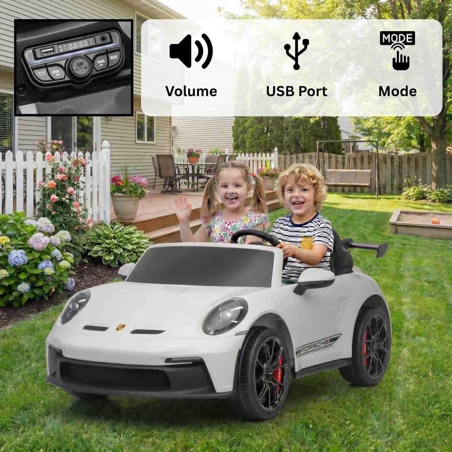 Elektrisches Kinderauto Porsche 911 24V mit 4x4-Antrieb, weiß, Zwei Sitze, 2,4-GHz-Fernbedienung, USB/AUX-Eingang, 200W-Motoren, Federung, Lithium-Batterie, LED-Leuchten vorne und hinten