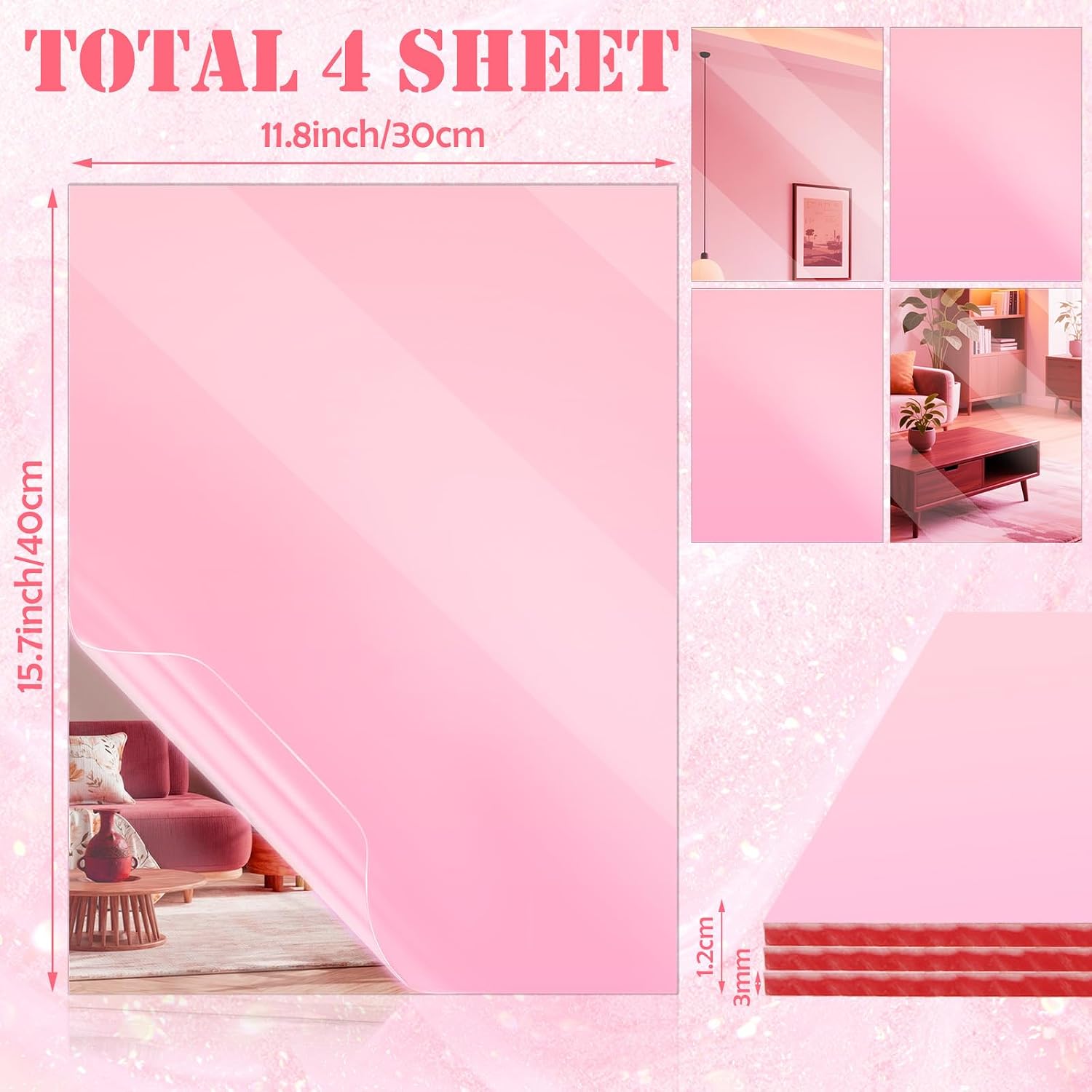 JMIATRY 4 Pack Pink Mirror Acrylic Sheet 1/8 Thick Translucent Mirror Acrylic Sheet 16x12 Inch Plastic Mirror Sheets Pink Plexiglass Sheet Square Board for Signs, Lighting, DIY Crafts