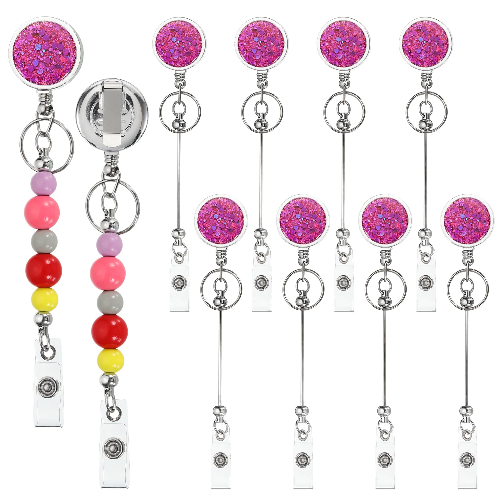 PATIKIL Beadable Badge Reels, 10 Pcs Bead Retractable Badge Holder, Retractable Bead Reel Keychain Blank Bar with Belt Clip for ID Name Key Teachers Office Workers DIY Gift, Dark Purple