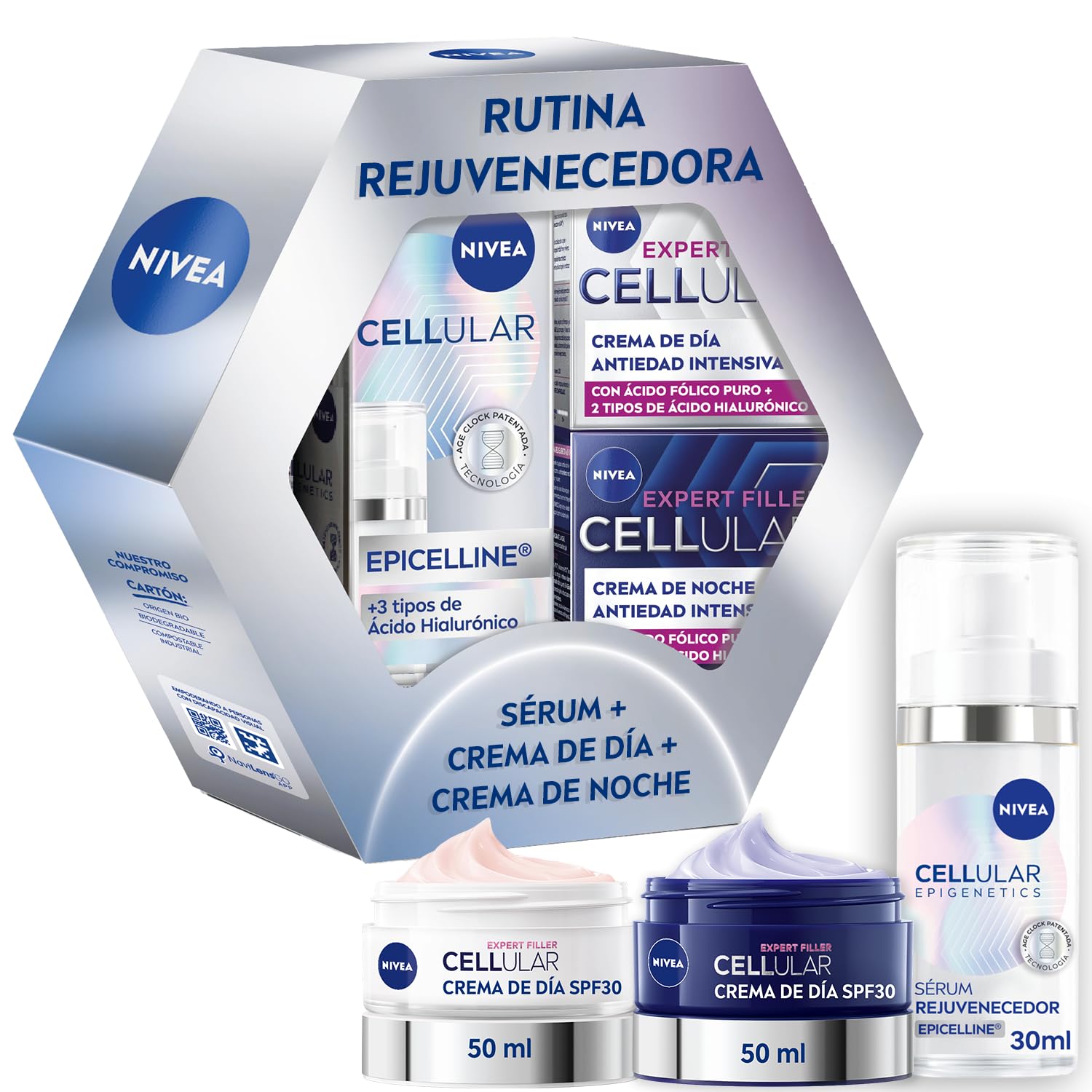 NIVEA Pack Cellular Epigenetics Cuidado facial Antiedad - Serum Facial Rejuvenecedor con Epicelline 30ml + Crema de Día FP30 + Crema de Noche - Revierte la Edad de la Piel