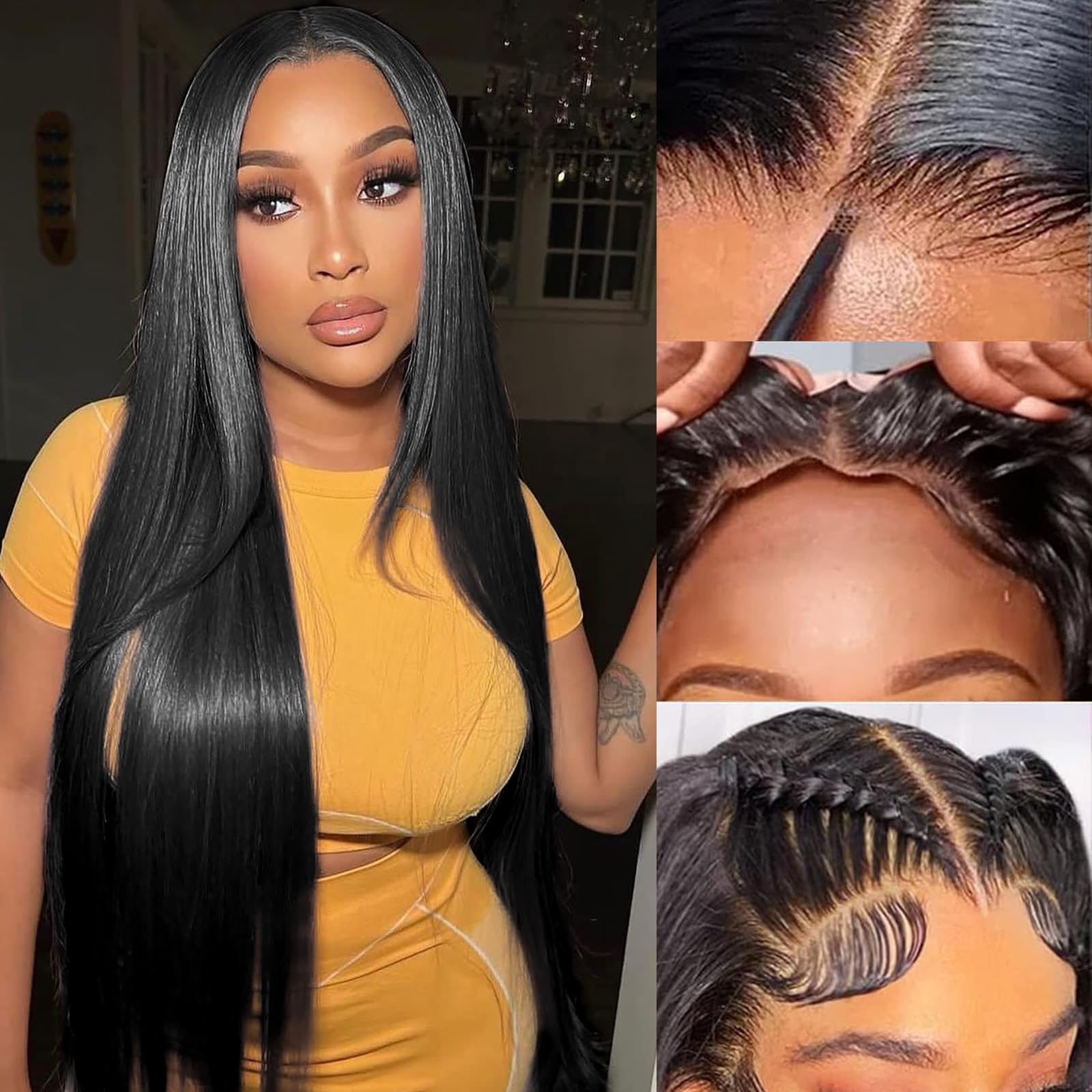 Wear And Go Glueless Wigs Human Hair Pre Plucked Pre Cut 24inch 5x5 HD Transparent Lace Closure Wigs Human Hair For Women Straight Lace Closure Human Hair Wigs 180% Density Natural Black Color
