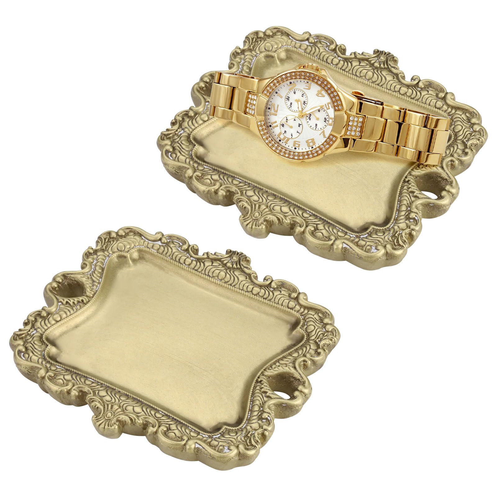 Lot de 2 plateaux à bijoux antiques pour bagues, style baroque, pour commode, collier, bracelet, femme, mariage, anniversaire (couleur laiton)