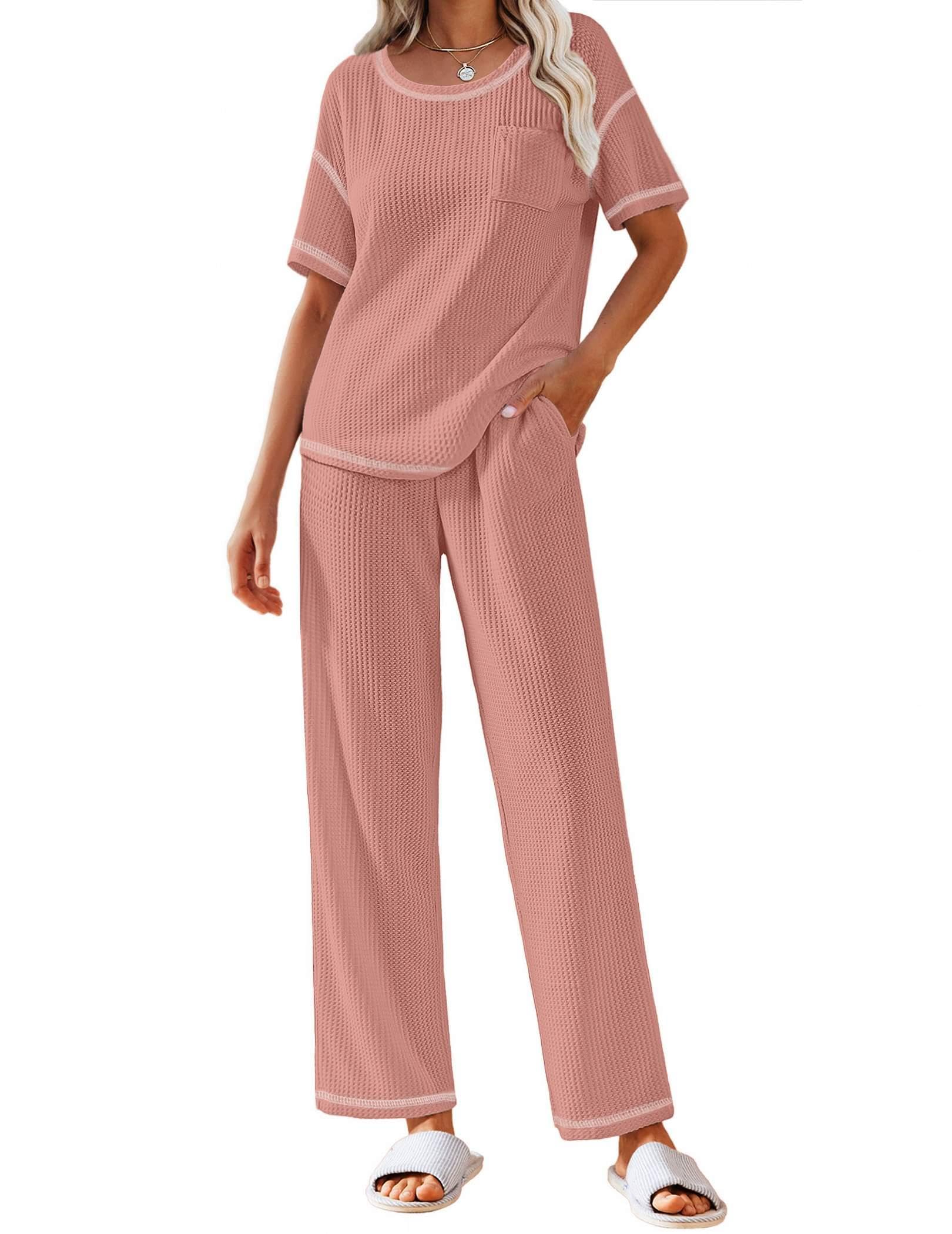Ekouaer Women Waffle Knit Lounge Sets Short Sleeve Top and Long Pant Pajama Set Loungewear 2 Piece Pjs Set with Pockets
