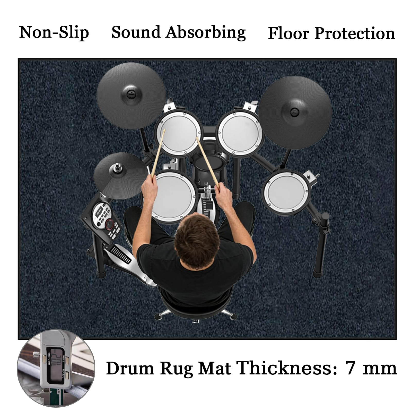 Schlagzeugteppich Drum-Teppich Akustik Trommel Teppich Schallschutzmatte Rutschfeste Drum Matte für Akustik Schlagzeug Bass Drum Elektronisch Snare Musikinstrumente Antivibrationsmatte 180 x 140 cm
