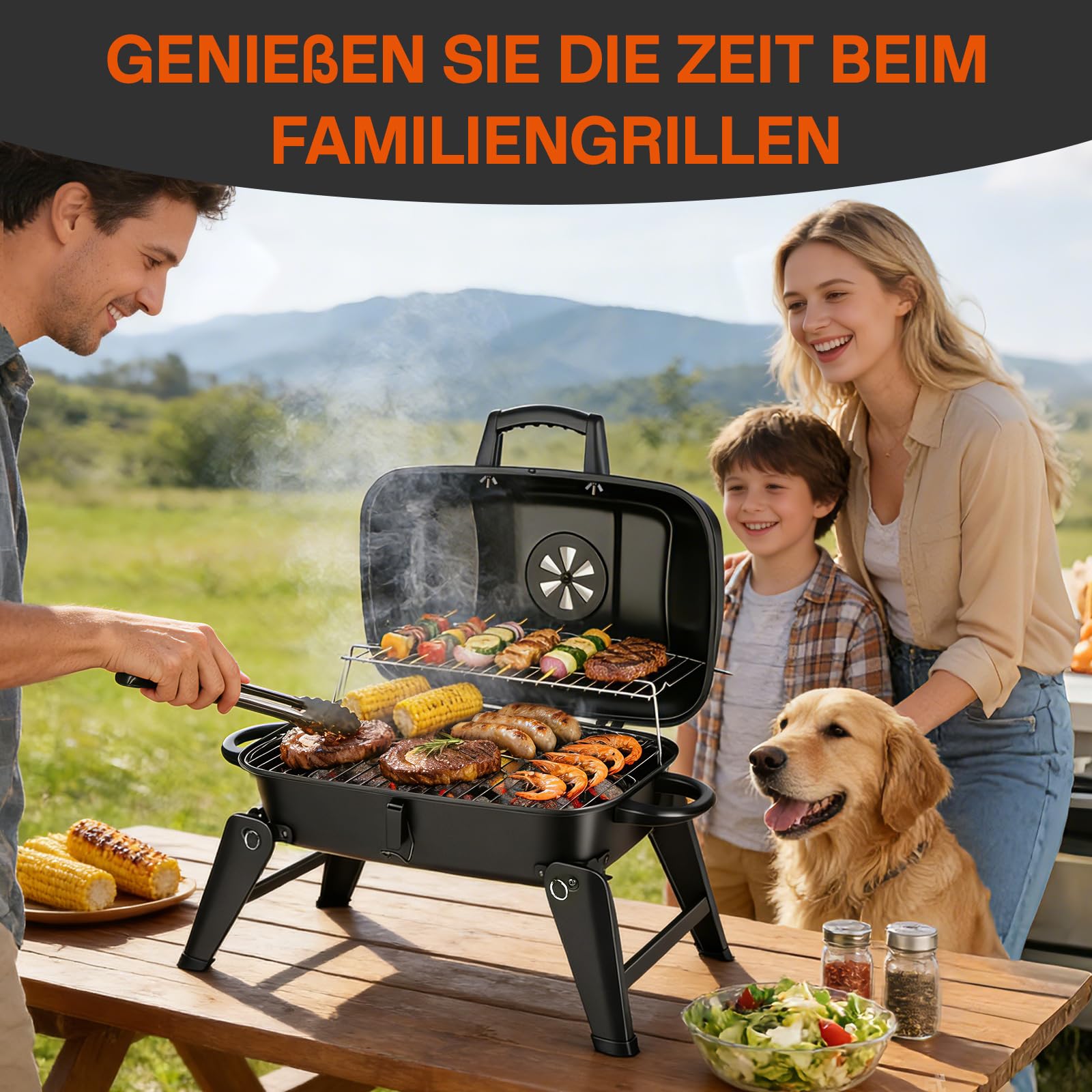 ERWEY Grill kempingowy, przenośny grill na węgiel drzewny, funkcja 2 w 1 jako grill i piekarnik, grill składany z drewnianą rączką do użytku na kempingu, na świeżym powietrzu i w ogrodzie, czarny