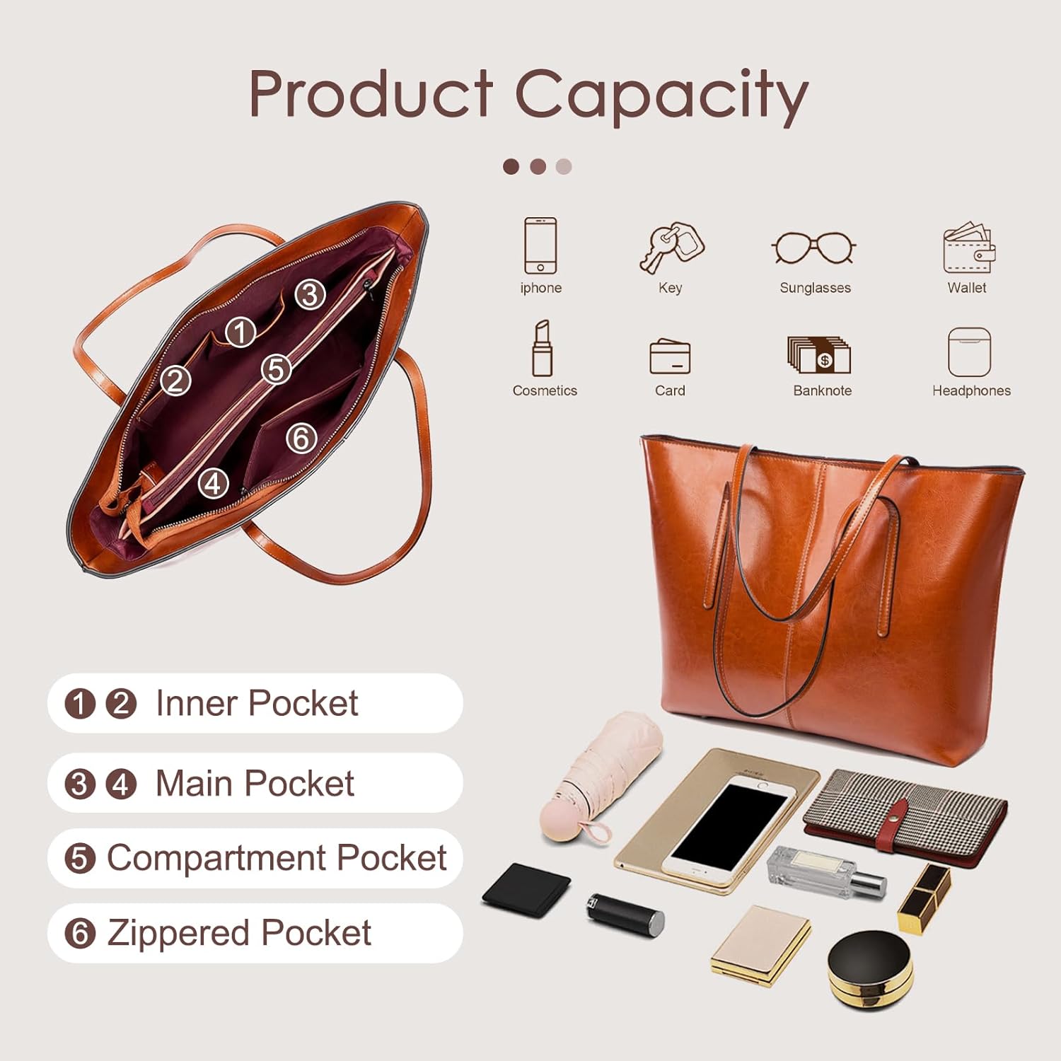 Genuine Leather Tote Bags, Shoulder Bag for Women, Top Handle Handbag Large Capacity, Work Tote Purse - Image 5