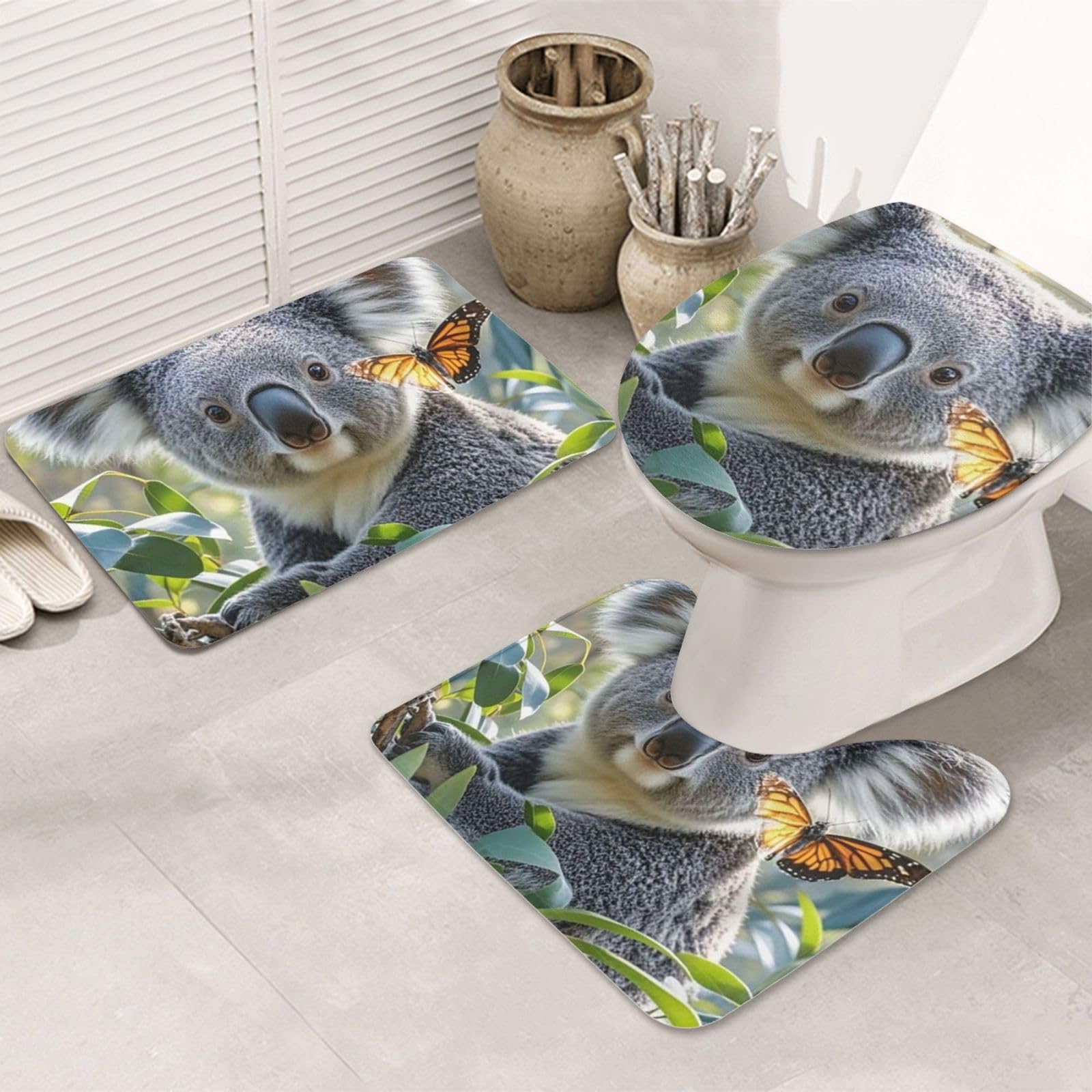 Tapis de salle de bain koala lot de 3 avec contour U en microfibre