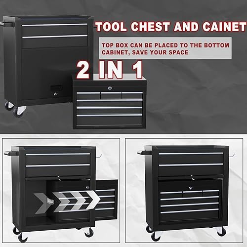 Miniatura 5 de Cofre de herramientas con ruedas y caja de herramientas superior desmontable, organizador de almacenamiento de herramientas resistente para garaje,
