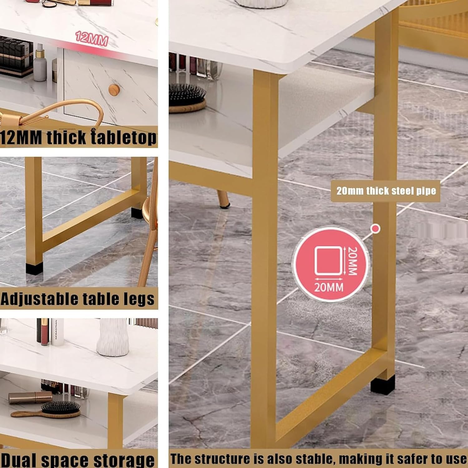 Scrivania per Unghie, Tavolo da Manicure Professionale, Scrivania per Manicure con Texture in Marmo con più Ripiani Aperti, Postazione di Lavoro per Salone Spa, Scrivanie per Tecnici, 100cm