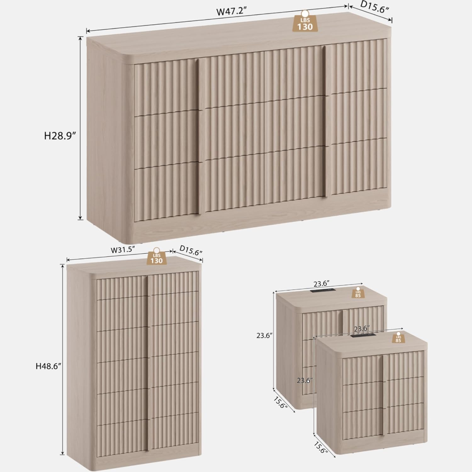 Diagram showing dimensions of the 47-inch wide dresser, 49-inch tall dresser, and nightstands.
