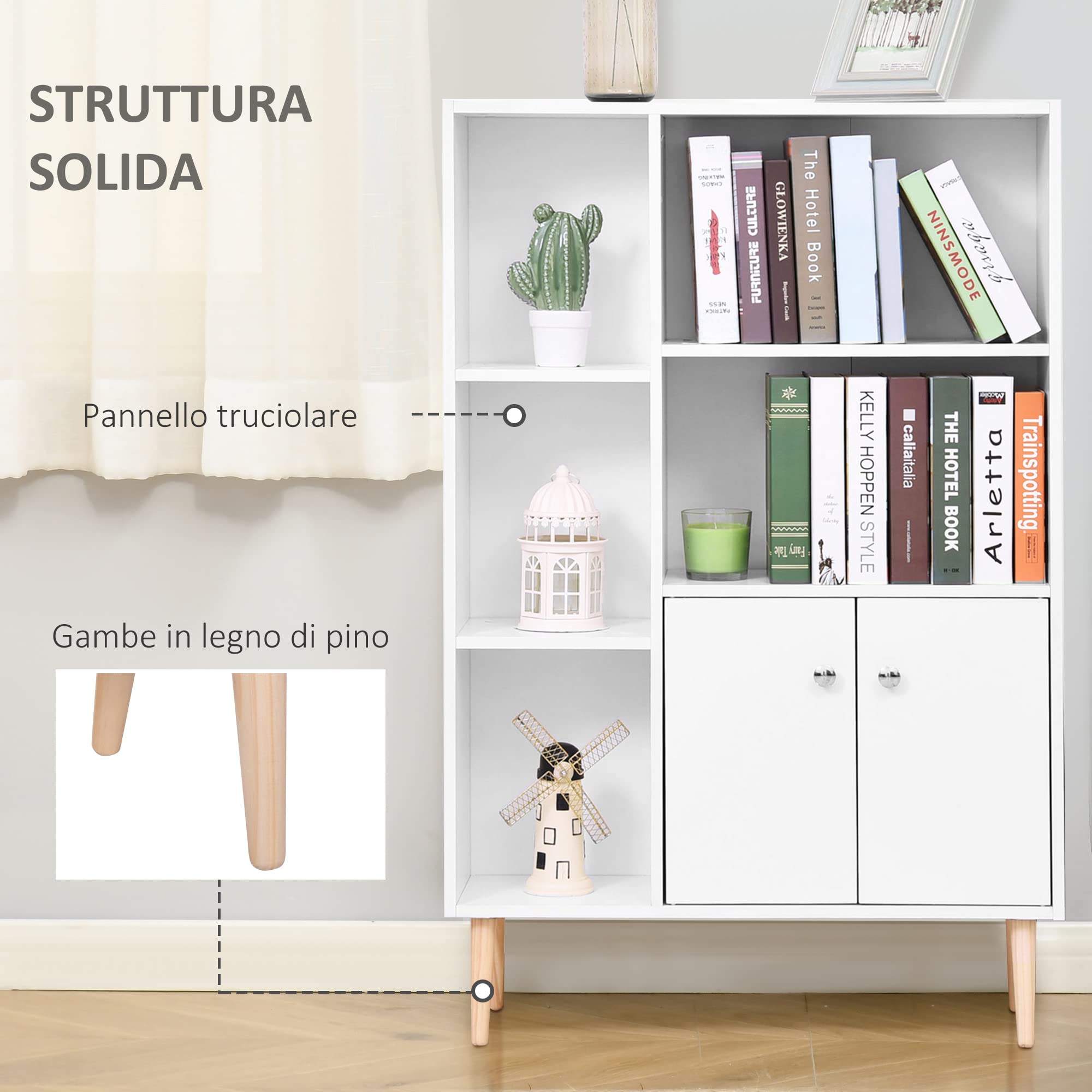 HOMCOM Libreria Scaffale Salvaspazio con 2 Porte 80x23.5x123cm Bianco | Design Moderno, da Salotto, Pannelli di Particelle