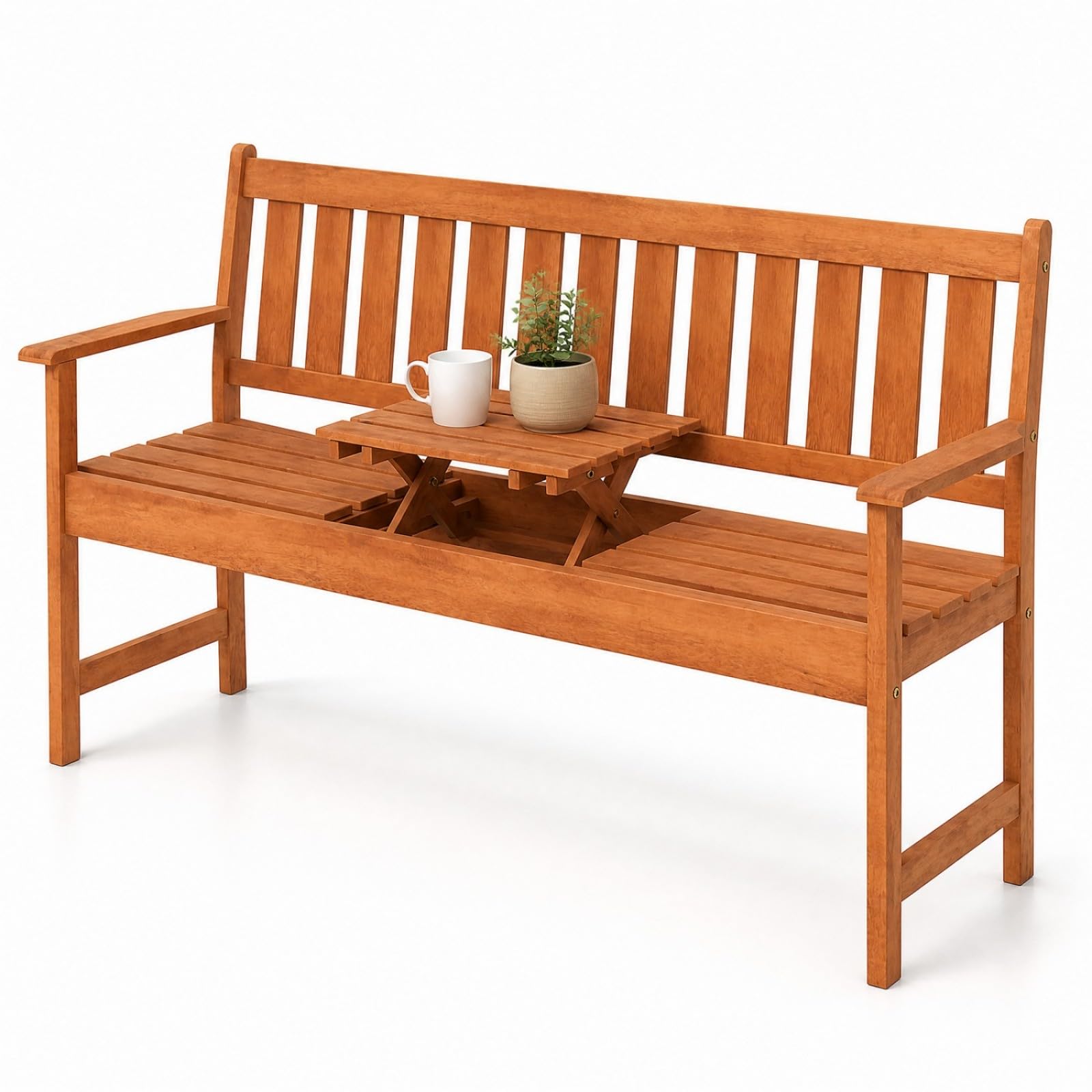 GIANTEX 59' Outdoor Bench with Pull-Out Center Table, Wood Patio Bench