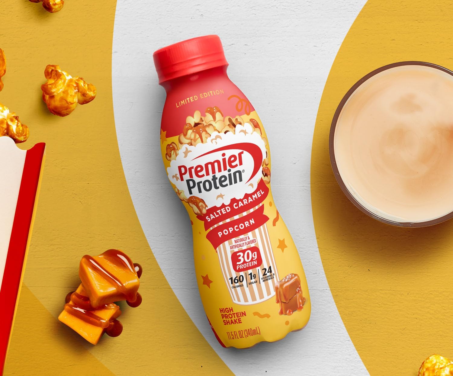 Premier Protein Shake Limited Edition Salted Caramel Popcorn and Cookie Dough Flavors, 30g Protein, 1g Sugar, 12 Pack