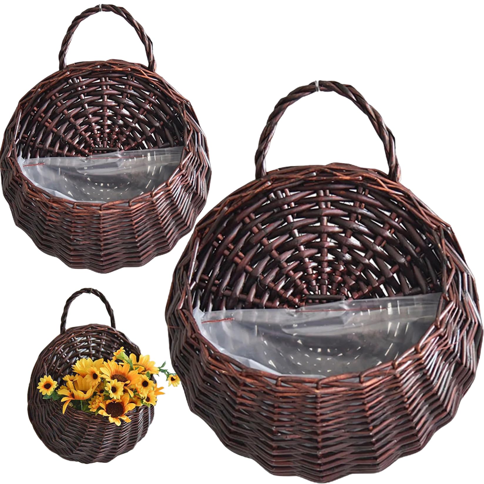 Ptumcial Dark Brown Rattan Planter Hanging Planter 2Pcs Natrual Rattan Vintage Wall Hanging Basket Storage Plant Basket Wall Flower Pot For Home,
