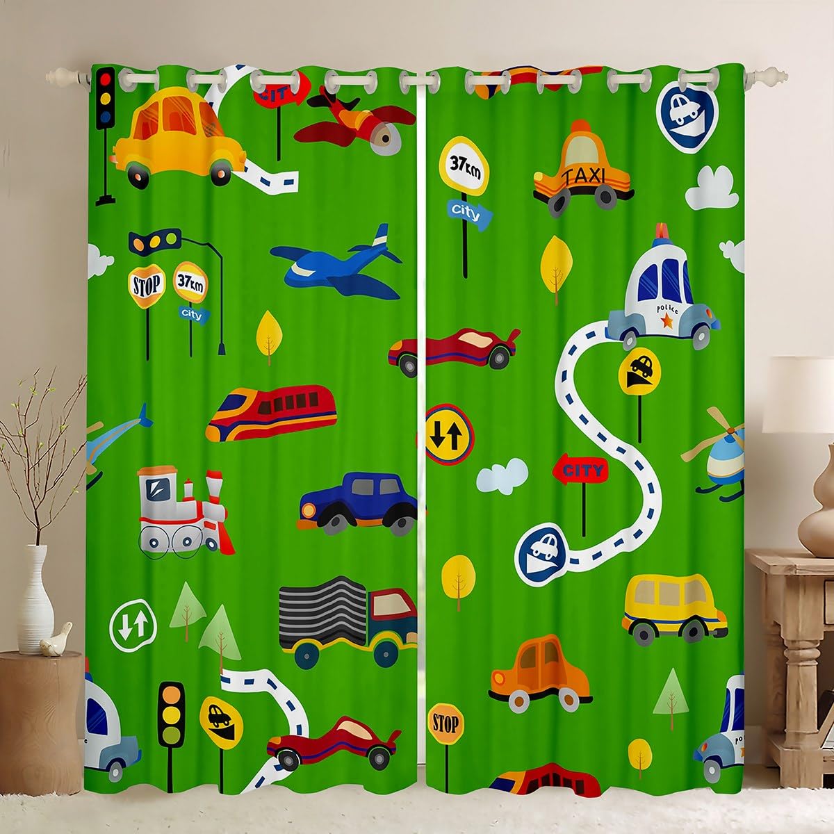 Loussiesd Excavator Kids Window Drapes Fire Truck Police Car Boys Curtains Helicopter Bus Ambulance Window Curtains for Bedroom Living Room Cartoon Vehicle Cars Window Treatments Green W46*L72