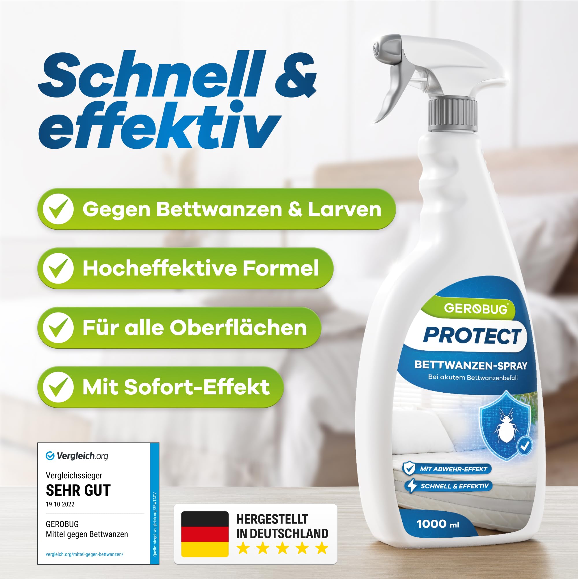 Gerobug Bettwanzen-Spray 1000 ml - schnell & effektiv loswerden für Matratzen, Möbel, Hotels & auf Reisen - Sofortschutz-Mittel gegen Bettwanzen, beste Alternative zur Bettwanzenfalle