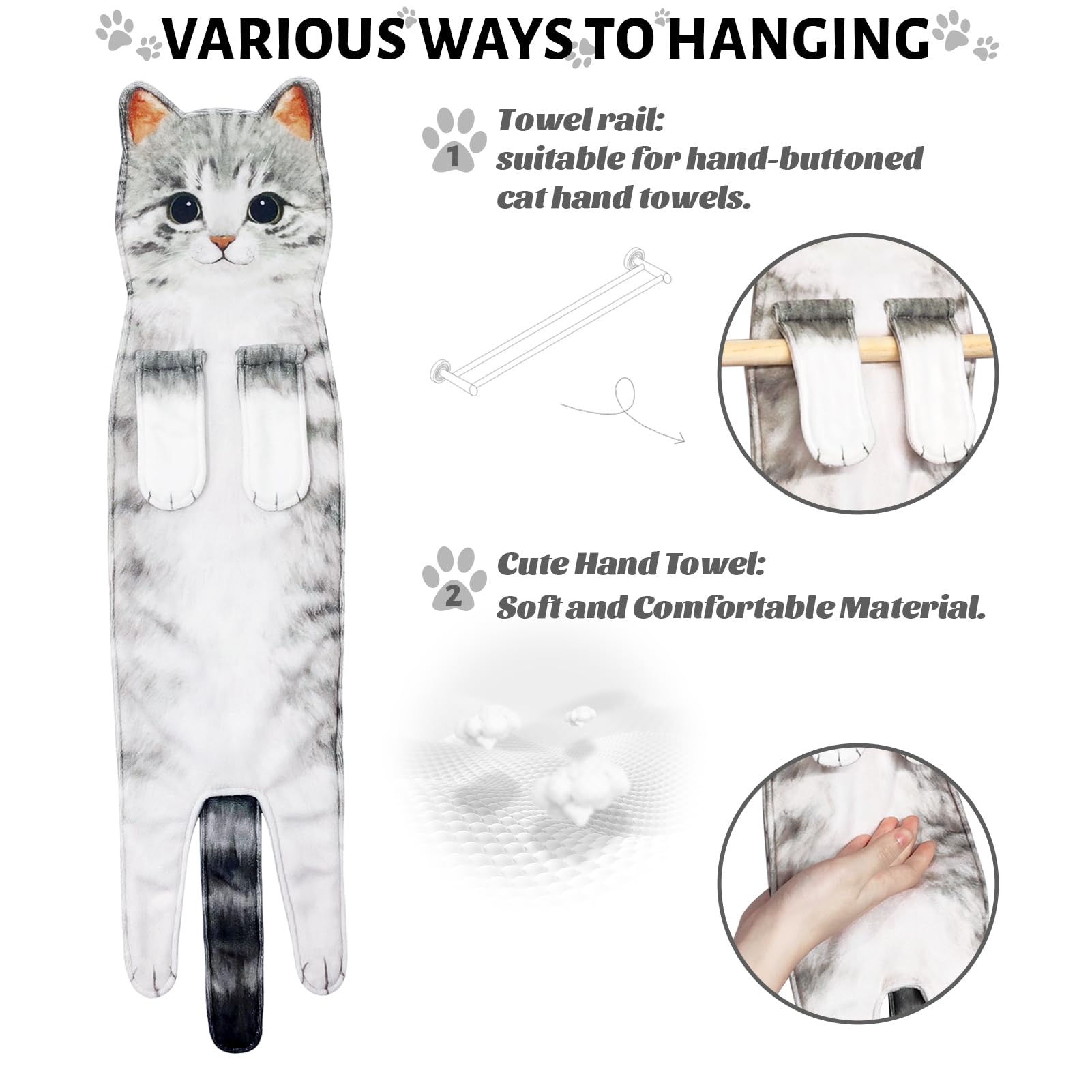 Lot De 2 Serviettes De Bain Thème Chat - 35x71 Cm, Coton Doux Et Absorbant, Décoration Salle De Bain - Cadeau Femme