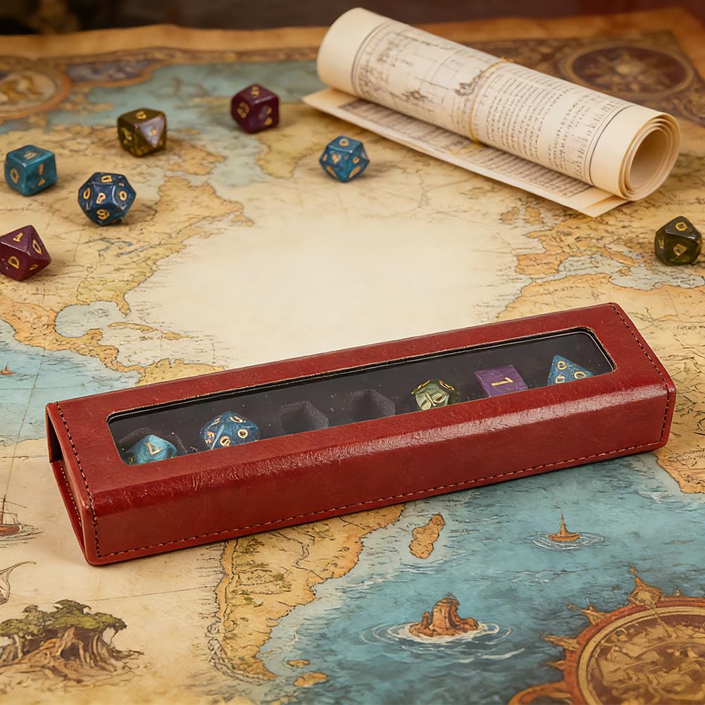 MAYJOYDIY 7-Slot Leather Dice Case Box Rectangle Gift Boxes Dice Organizer Boxes with Visible Window Lid for Player Dark Red - Image 4