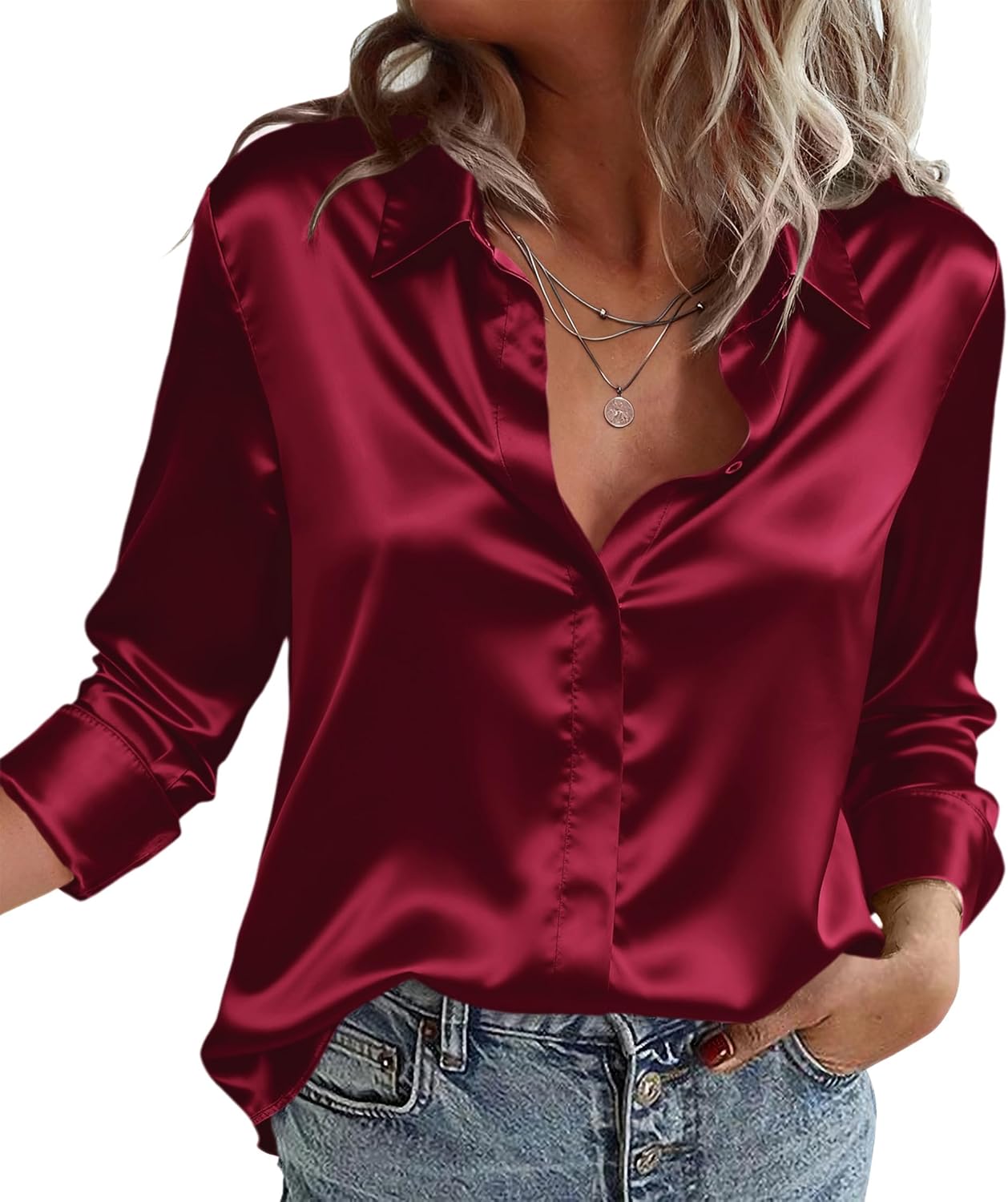 Zeagoo Satin Blouses for Women Casual Long Sleeve Button Down Silk Shirts Dressy Business Work Tunic Top