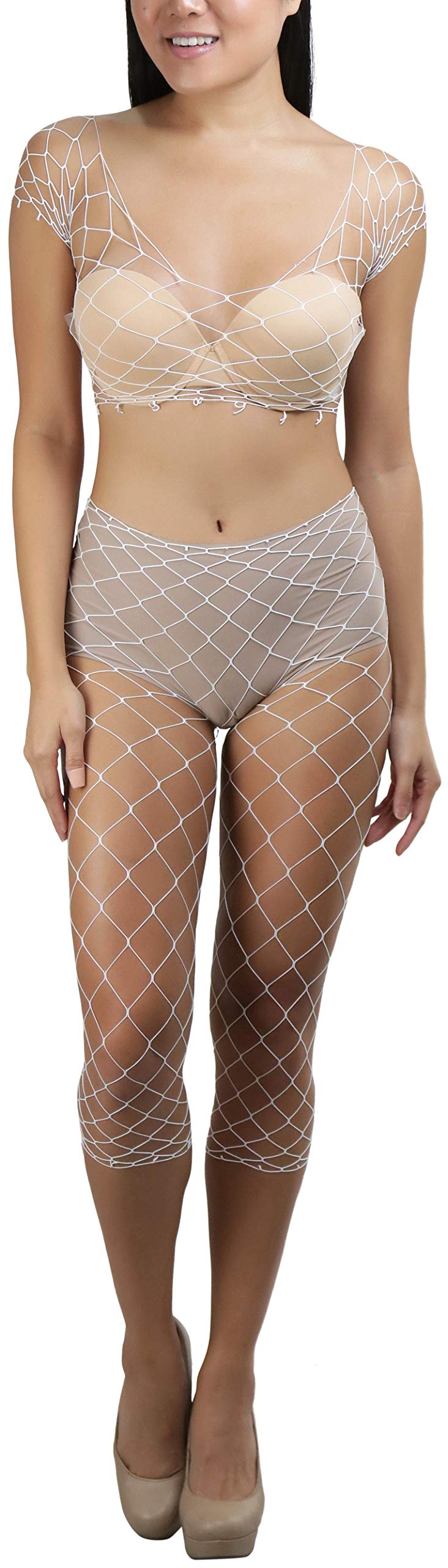 ToBeInStyle Women's Spandex Multi Net Fishnet Set Rave Novelty Party Crop Top &amp; Tights