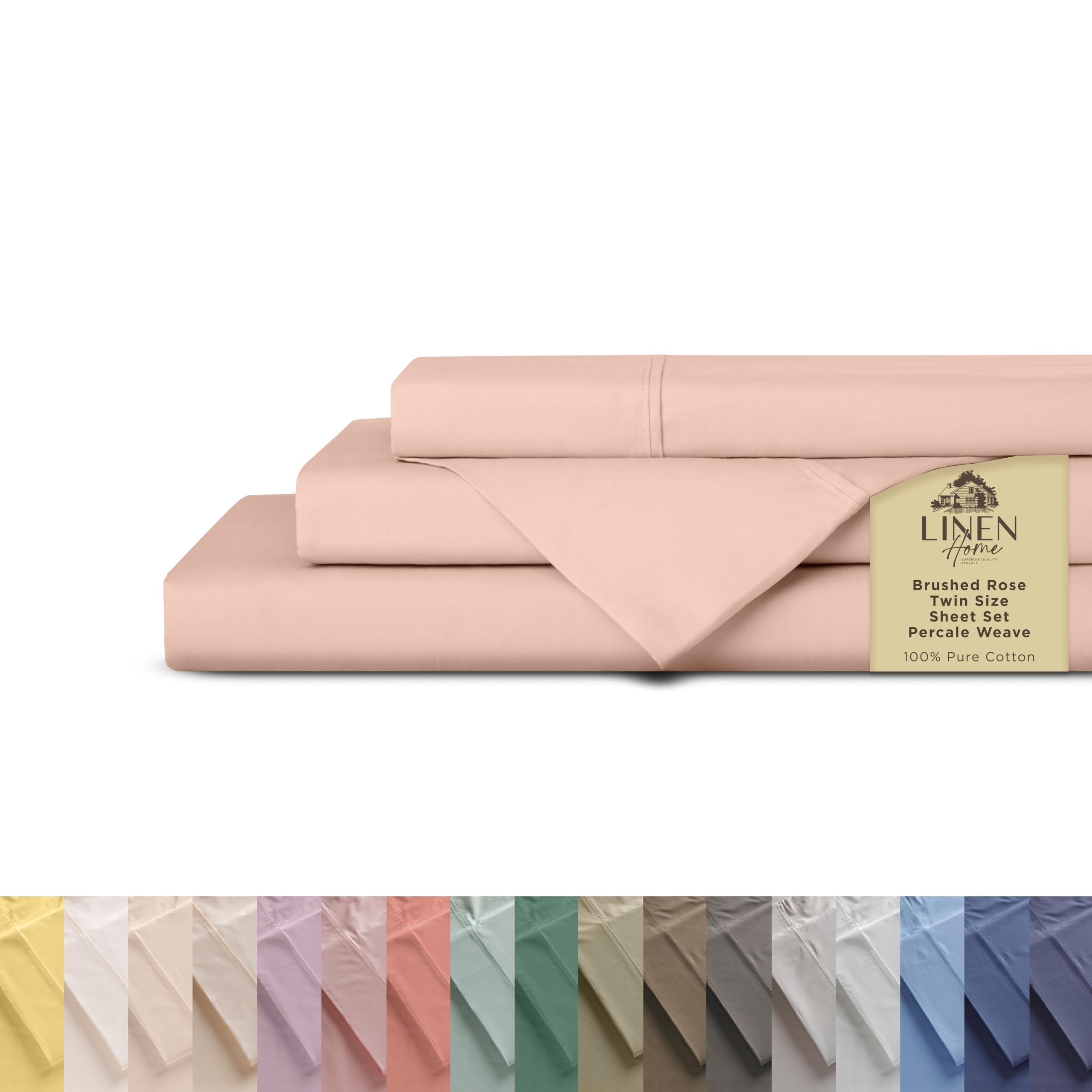 Linen Home 100% Cotton Percale Sheets Twin Size, Brushed Rose, Deep Pocket, 3 Pieces Set - 1 Flat, 1 Deep Pocket Fitted Sheet and 1 Pillowcase, Crisp Cool and Strong Bed Linen