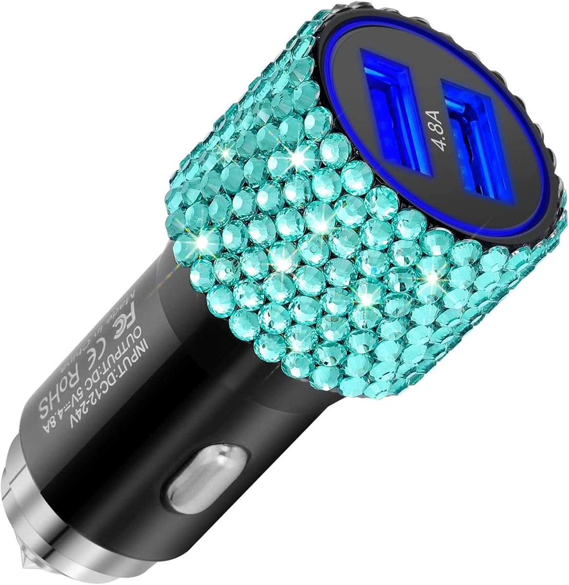 SAVORI Bling Cargador de coche con diamantes de imitación, cargador de coche dual USB, decoraciones de cristal para coche, decoración de coche para mujer, adaptador de carga rápida para iPhone Xs Max X Plus, iPad Pro/Mini, Samsung (azul lago)