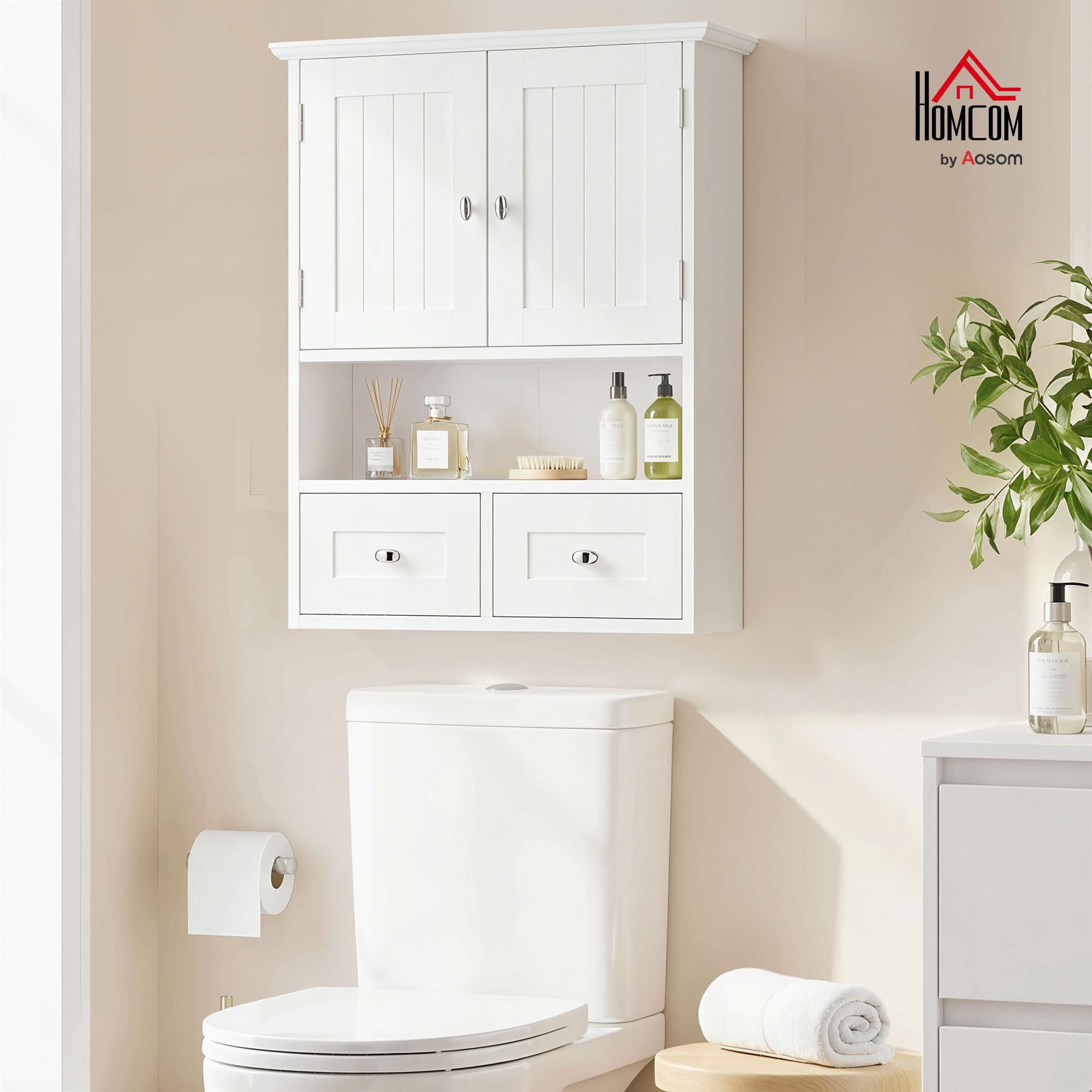 kleankin Armadietto Pensile Bagno a 2 Ante con Ripiano Aperto e 2 Cassetti, Mobiletto Multiuso per Cucina, Ingresso e Soggiorno, Bianco