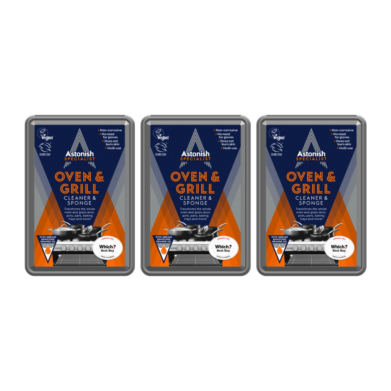 Astonish Specialist Oven & Grill Cleaner & Sponge, With Grease Removing Orange Oil, No Harsh Chemicals, Easy to Use, Non-corrosive, Multi-use, No Need for Gloves, Multipack 3 x 250g